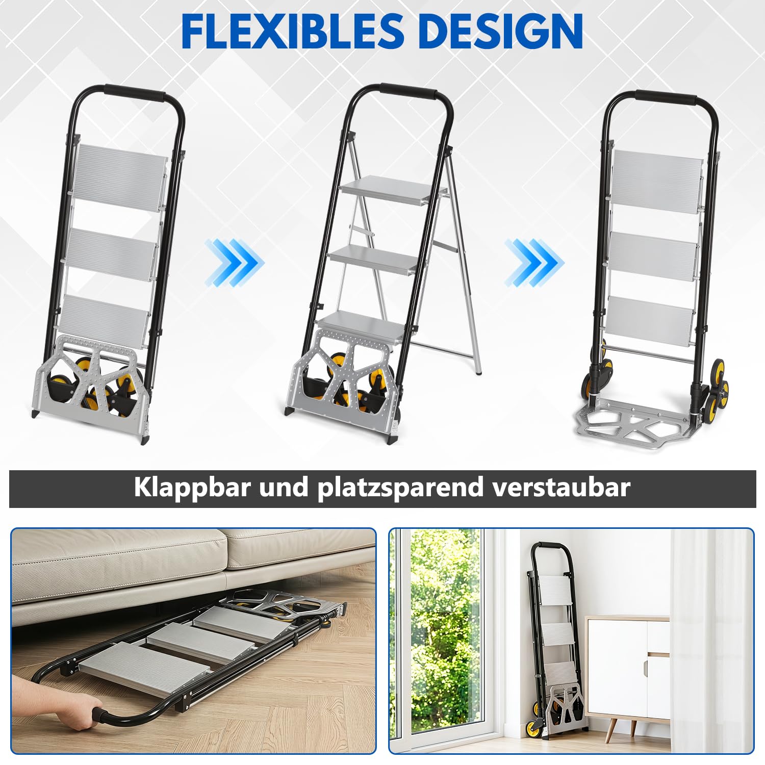 Carrello per scale 2 in 1 con scala a 3 gradini, per scale