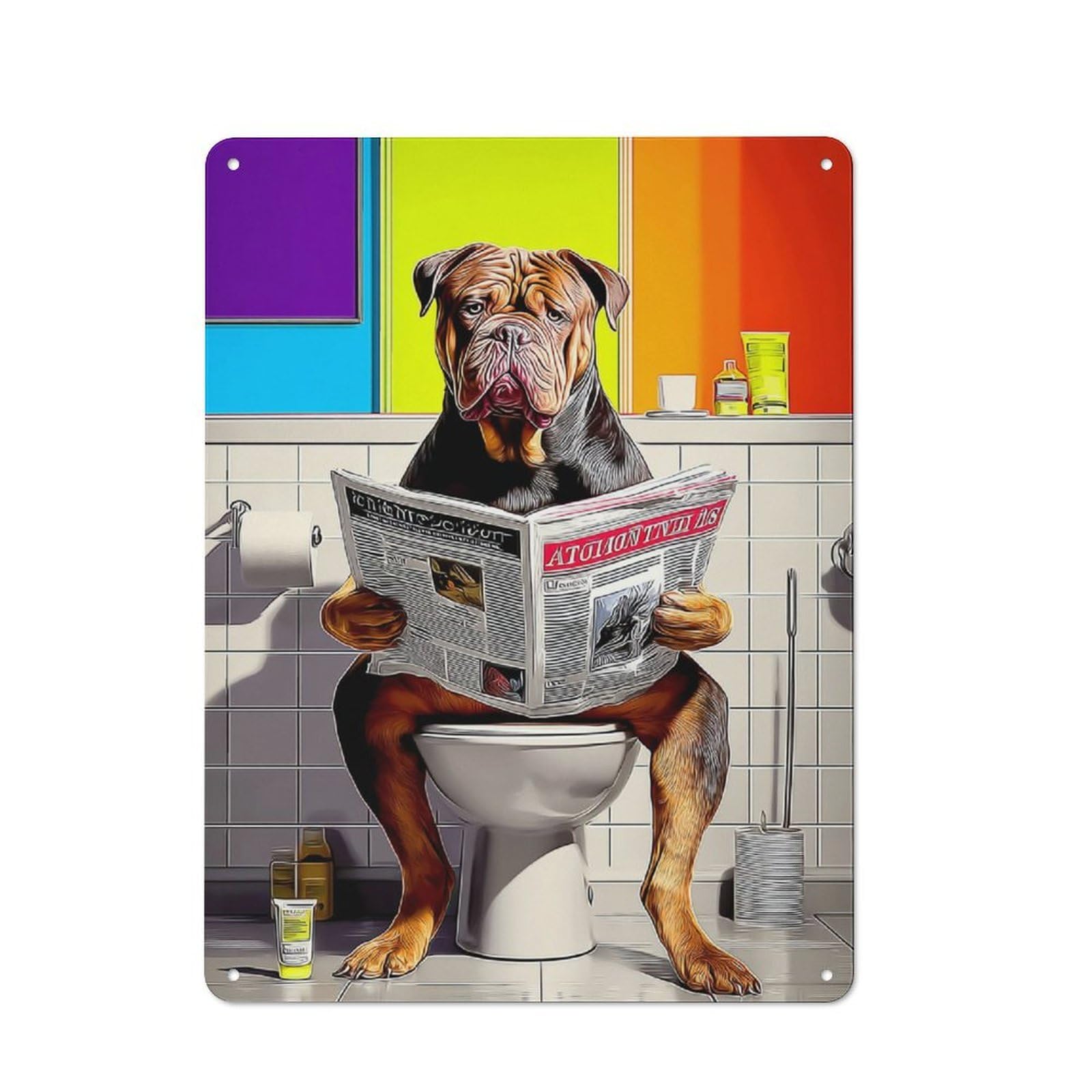 Junmoney Dog Reading Newspaper On Toilet-31 Metal Wall Sign 40X30cm Featuring For Bar Or Restaurant, For Themed Interiors In Bars And Restaurants
