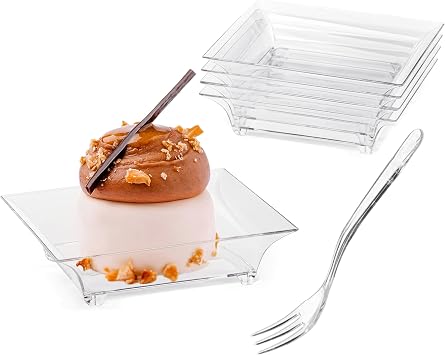 200 Pcs Mini Dessert Plates with Forks, Serves 100 | 2.4 Inch Square Tiny Trays, Mini Flan Plates, Small Dessert Plates, Mini Appetizer Plates for Hors D'oeuvres, Party Candy Bar