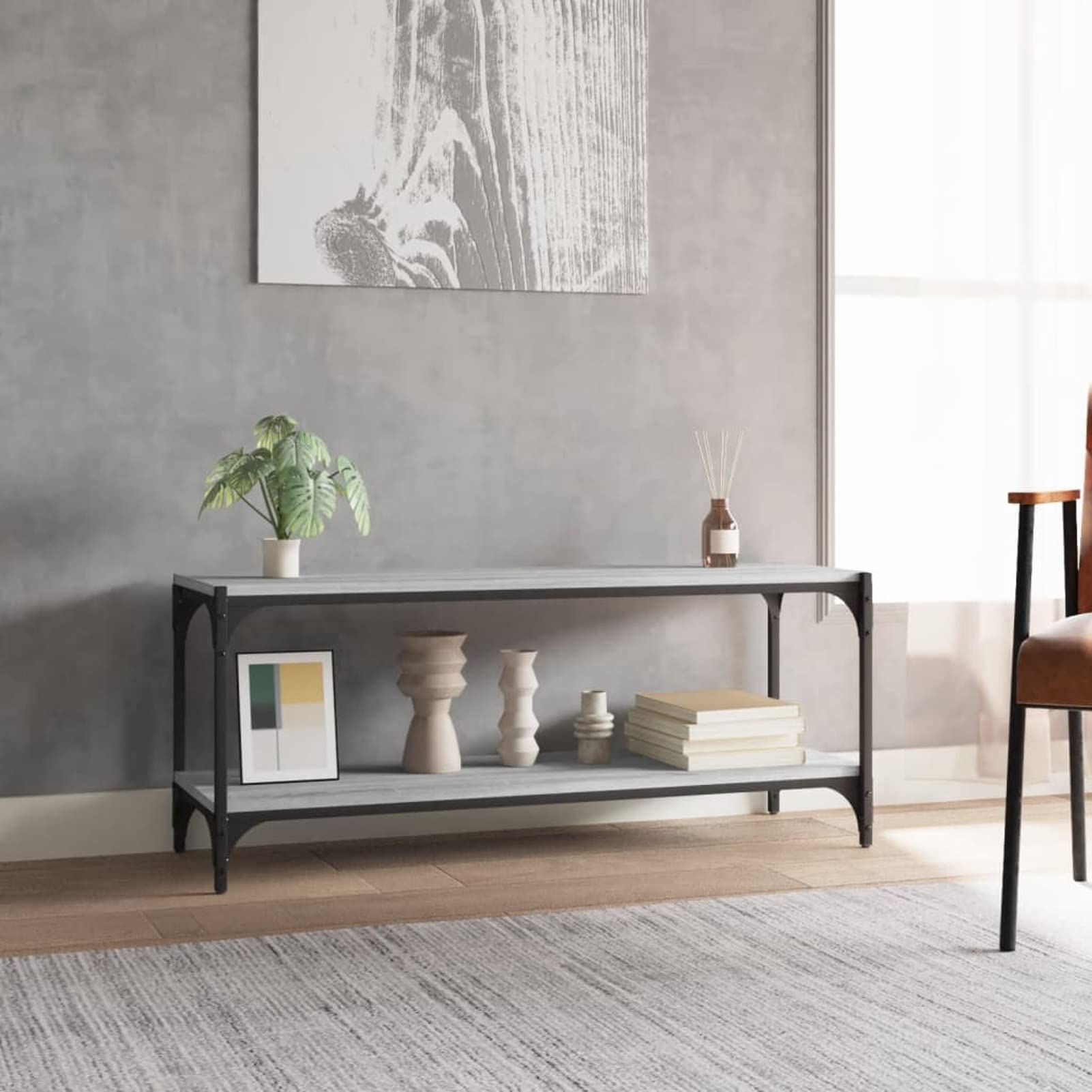 COSTWAY Mobile TV Industriale Fino a 65, Tavolo Multimediale a 3 Ripiani con Cesto Portaoggetti, Mobile TV in Legno con 2 Fori per La Gestione dei Cavi, 140 x 40 x 63 cm
