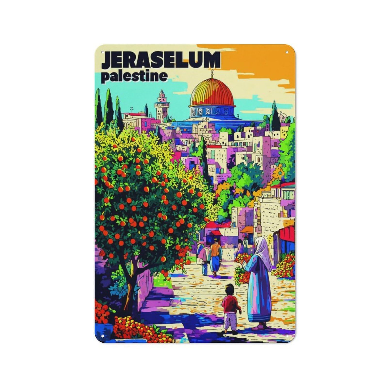 Junmoney Jerusalem A Vibrant Cityscape -4 Tin Wall Plaque 30X20cm With For Hallway Wall, With Clear Retro Wall Decor Character