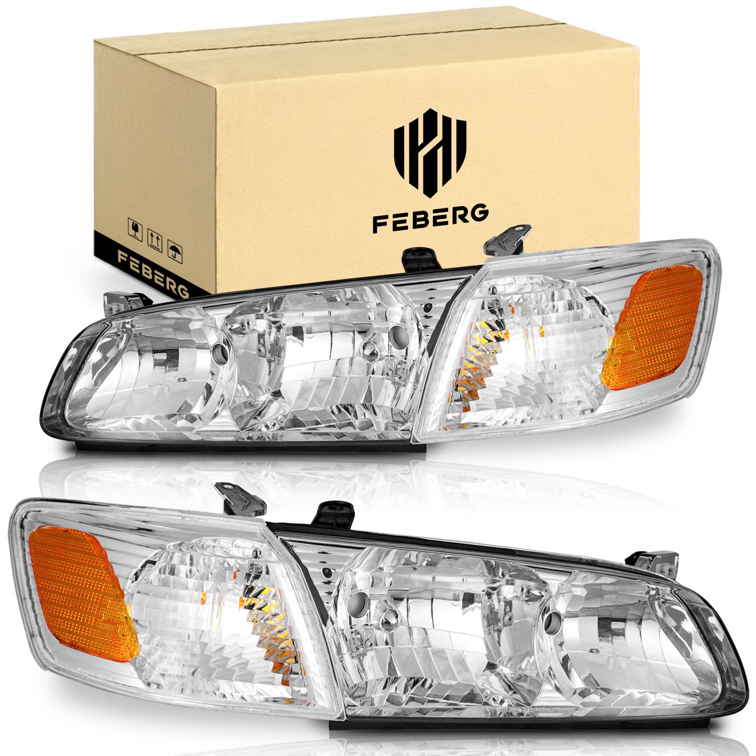FEBERG [OE Style Anti-Yellowing for 2000-2001 Camry Headlight+Amber Corner Lamps,Headlights Assemblies Compatible with 2000 2001 Camry