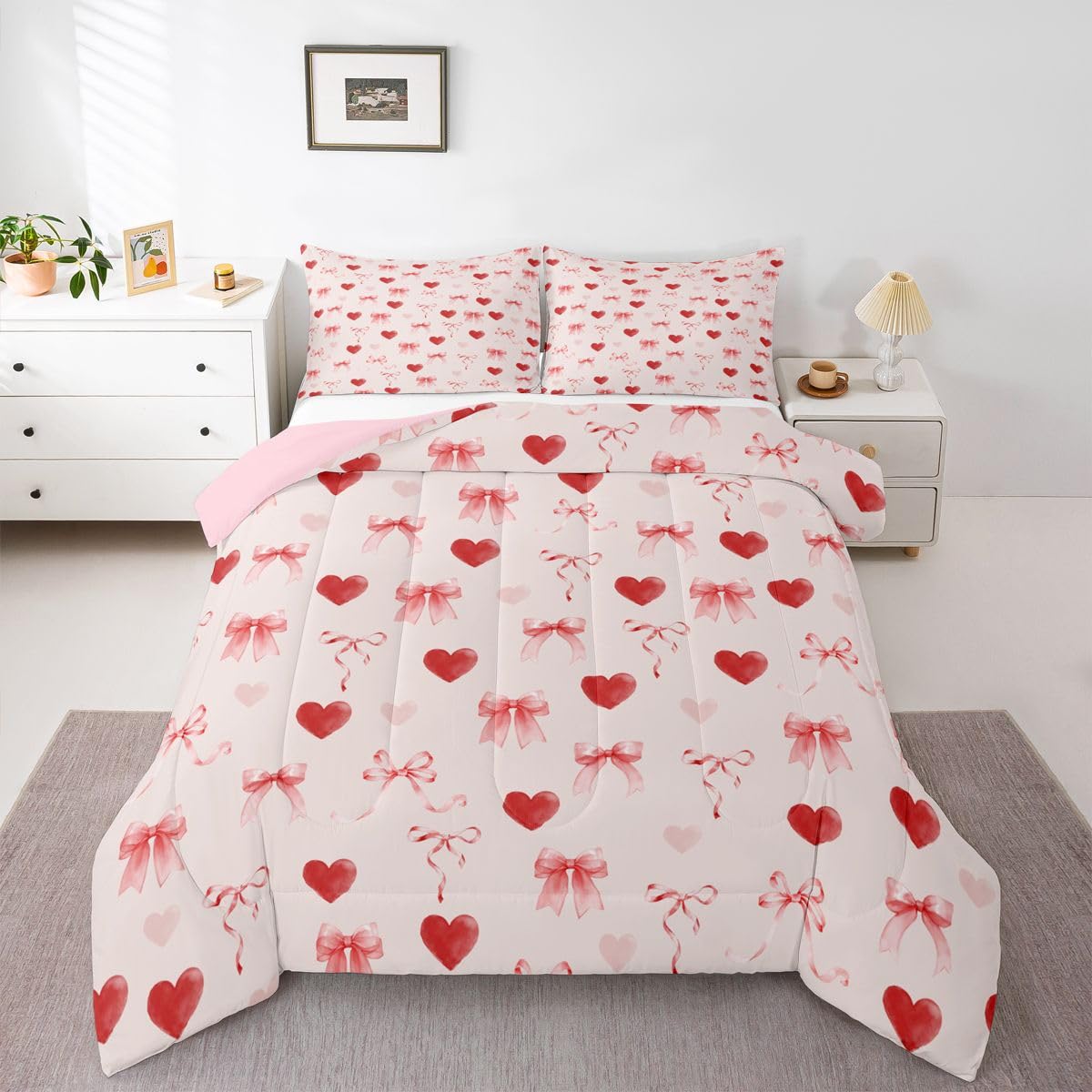 Erosebridal Coquette Bow King Comforter Set Love Heart Bedding Set for Kids Teens Ribbons Pink Valentine Bed Set Bowknot Bow Tie Princess Quilt Duvet