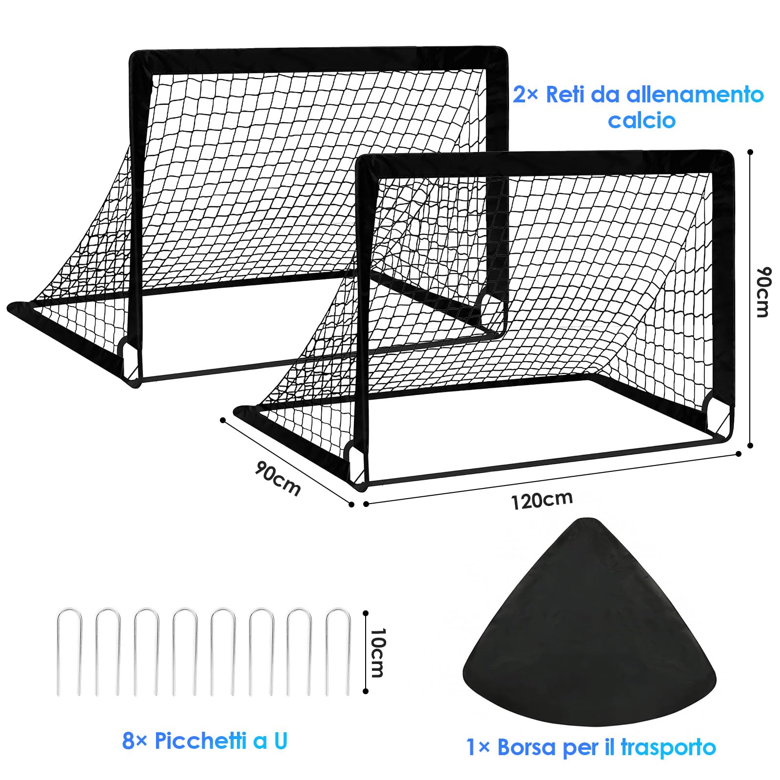 Porta da calcio per bambini, set da 2 porte Pop-up 90×120×90 cm, porte da calcio per giardino con aste rinforzate in fibra di vetro e reti di alta qualità per interno, esterno e giardino
