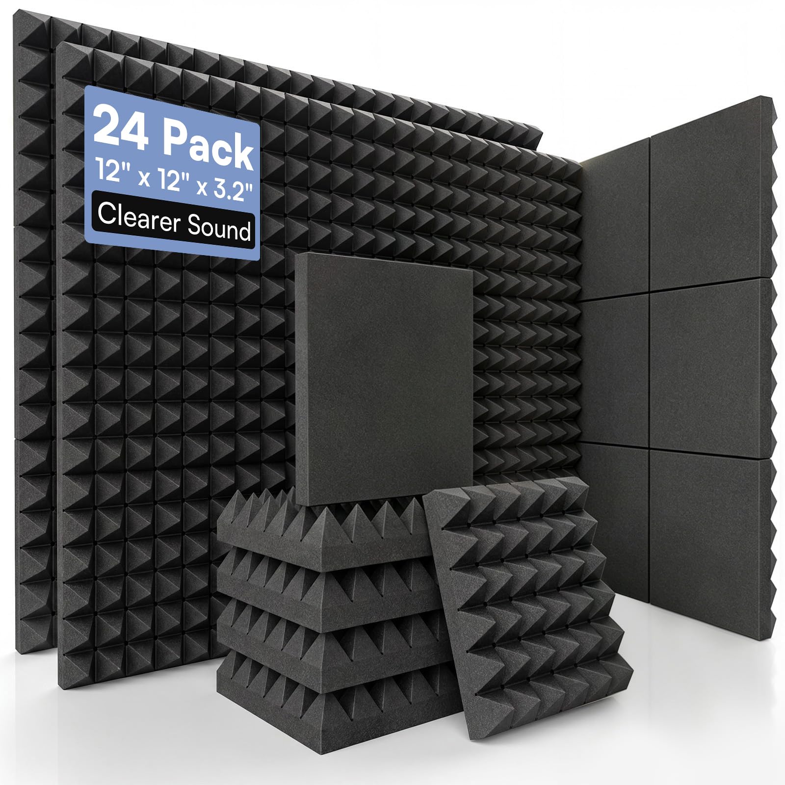 GUERRI 24팩 어쿠스틱 폼 패널 30.5 x 30.5 x 8.1cm(12 x 12 x 3.2인치) 피라미드 디자인 방음 폼 패널 고밀도 흡음 폼 에코 감소 벽, 홈 스튜디오, 녹음 및 게임용