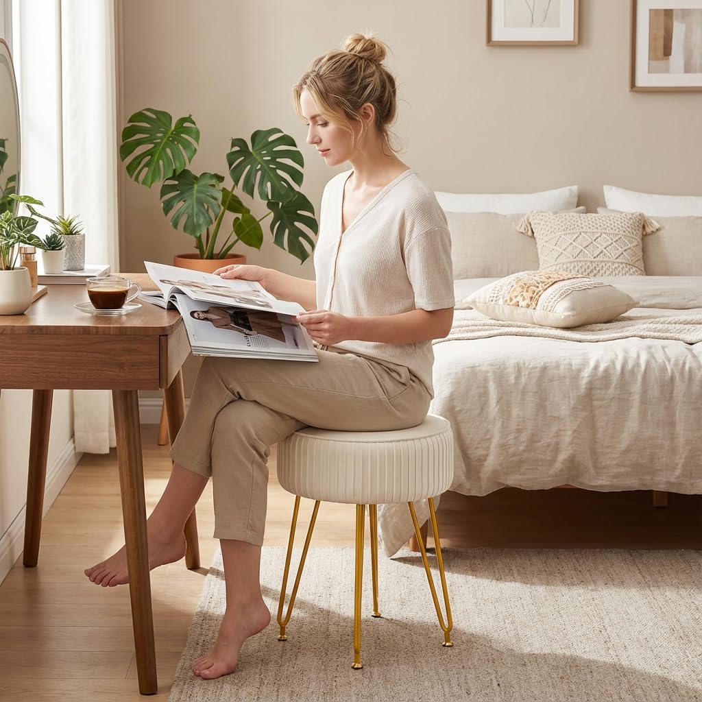 Velvet Vanity Stool, Modern Ottoman Foot Rest Stool with Adjustable Golden Legs, Makeup Chair for Vanity, Multifunctional Small Vanity Chair for Bedroom, Beige - Image 7