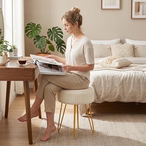 Miniatura 7 de Taburete de tocador de terciopelo, moderno taburete otomano con patas doradas ajustables, silla de maquillaje para tocador, silla de tocador pequeña