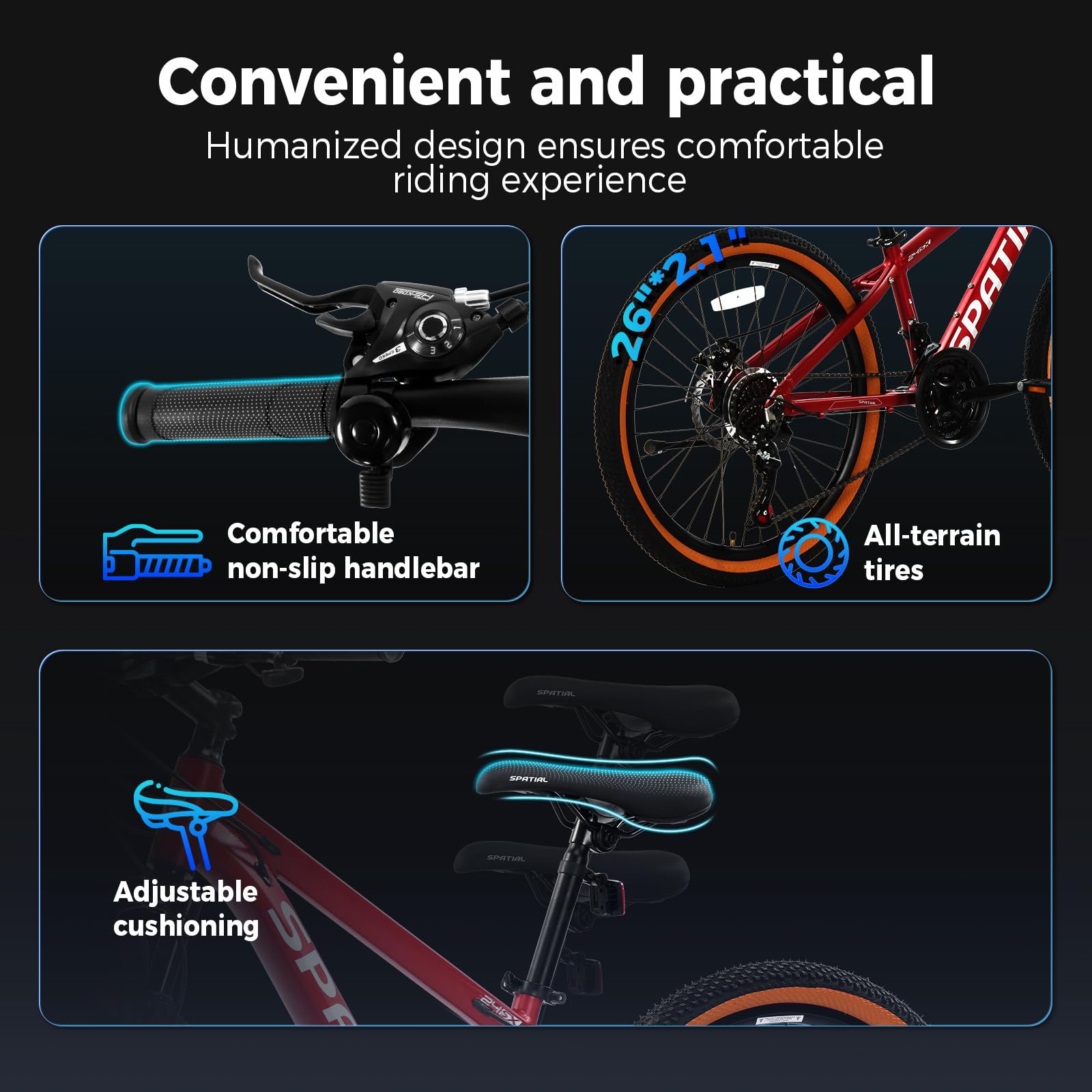SPATIAL Mountainbike, 24/26/27,5/29 Zoll, Outdoor-Fahrrad, 21/8 Gänge, Aluminiumrahmen | Doppelscheibenbremsen, Verstellbarer ergonomischer Sattel für Männer, Frauen (Rot, 26 Zoll)