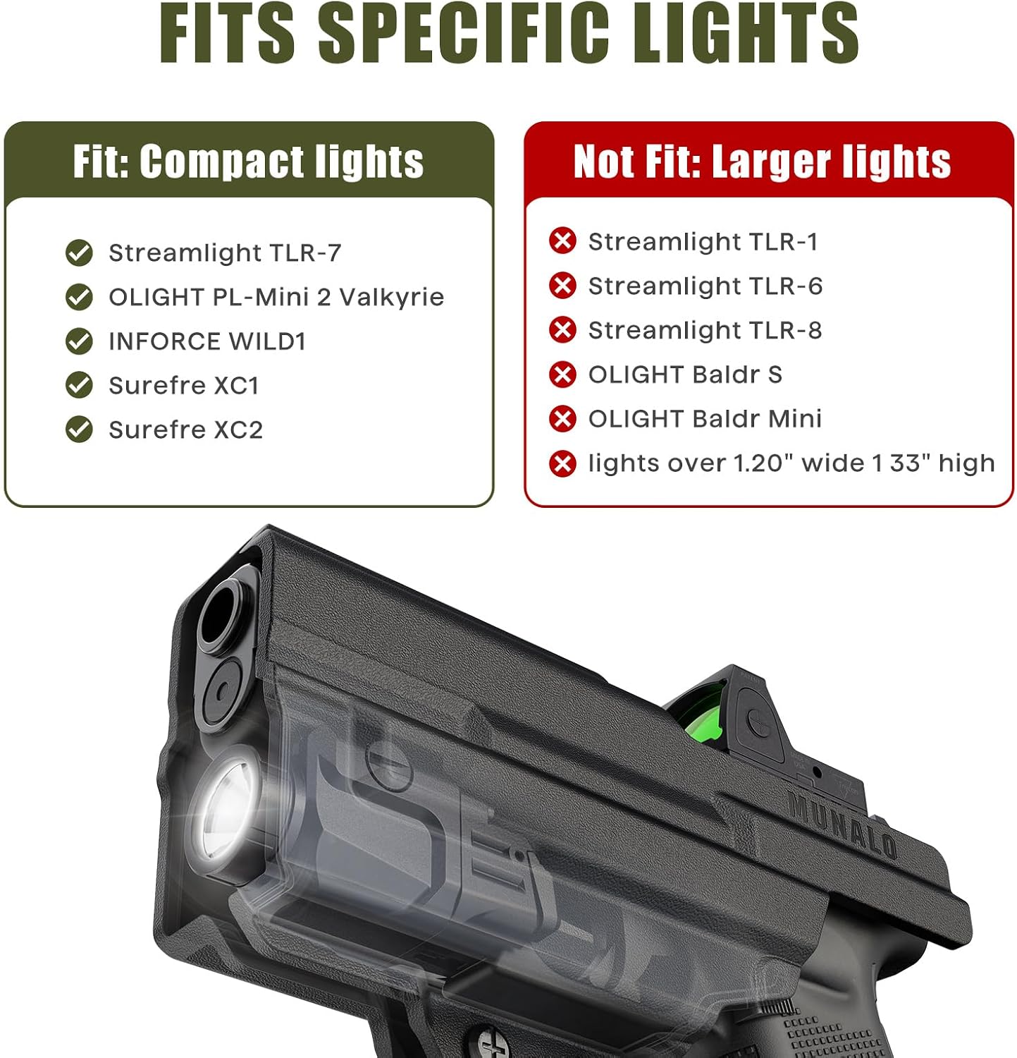 MUNALO IWB Holster Compatible with Glock 19 (Gen 3/4/5) with Flashlight, 19X, 44, 45, 23, 32 with Light Concealed Carry Holster with Concealment Claw Ideal for Appendix Inside Waistband