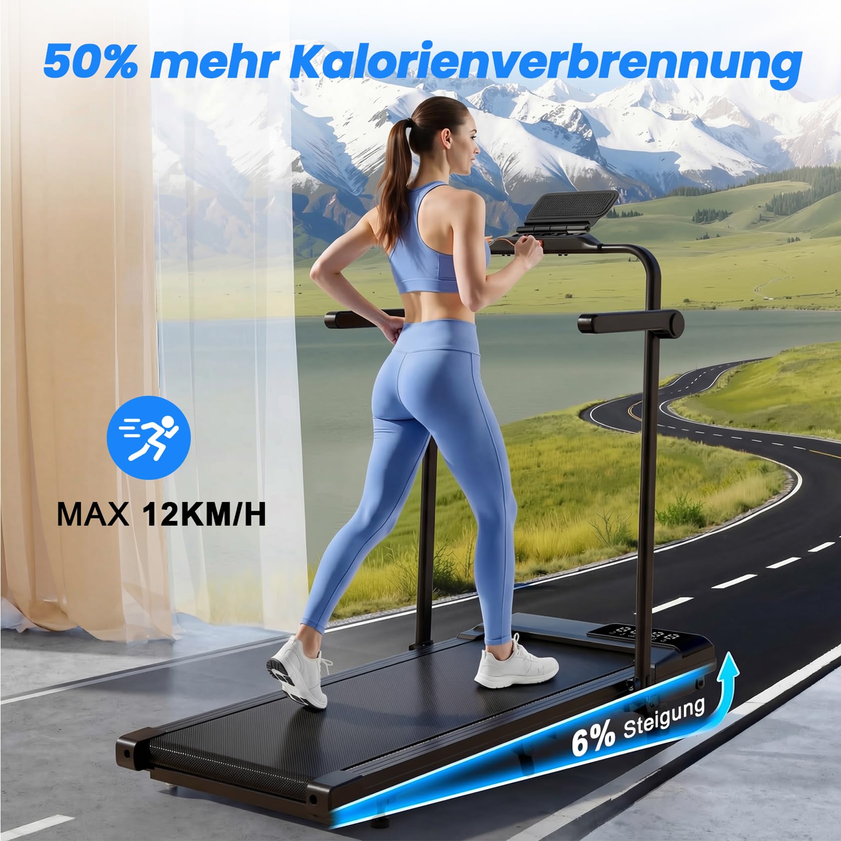 4 in 1 Walking Pad mit Steigung 6% Superun, 12km/h Laufband für Zuhause Klappbar mit APP und Fernbedienung, Max 136kg Laufband Schreibtisch mit Multi-Runner-Rennen und Training Course Erlebnis vor Ort