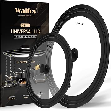 Walfos Universal Lids for Pots, Pans and Skillets - Tempered Glass with Heat Resistant Silicone Rim, Fits 6.5", 7" and 8" Diameter, 9.5", 10" and 11" Diameter Cookware2PK