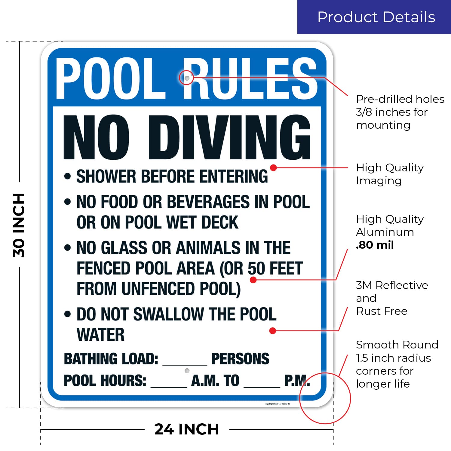 Florida Pool Rules Sign, Complies with State of Florida Pool Safety Code, 24x30 Inches, Rust Free .063 Aluminum, Fade Resistant, Made in USA