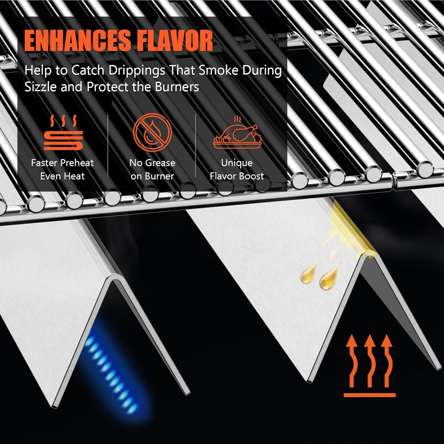 QuliMetal Stainless Steel Flavor Bars and Heat Deflector for Weber Genesis 300 Series Grills (2011-2016), 17GA, Stainless Steel, Replacements for Weber 7620 7621 65505 7622