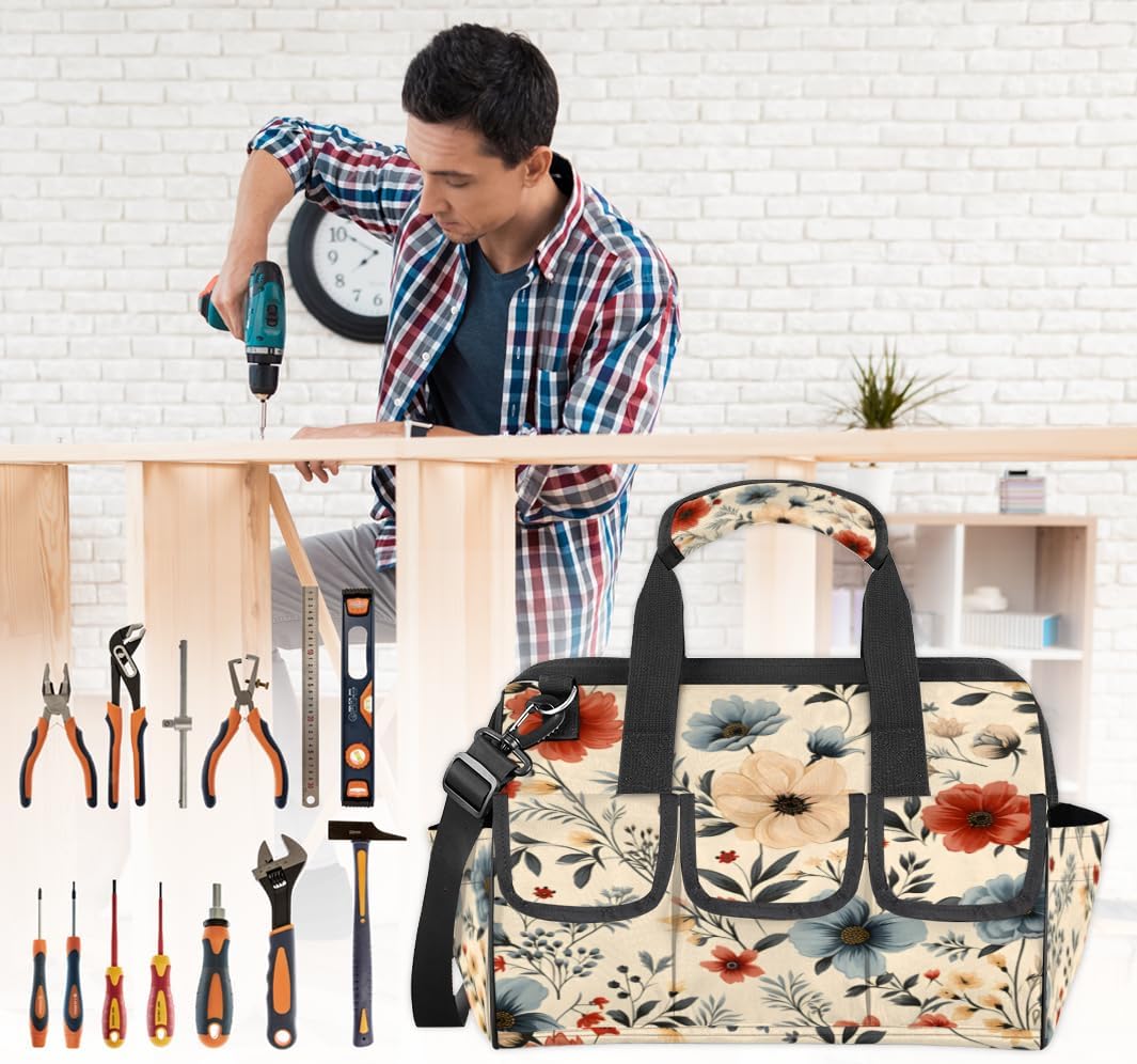 Vintage Flower Print Heavy Duty Tool Bag 14.8 Inch for Men, Wide Mouth Garden Tool Storage Bag with Adjustable Shoulder Strap, 14 Pockets Tool Bag Organizer for Construction, Gardening