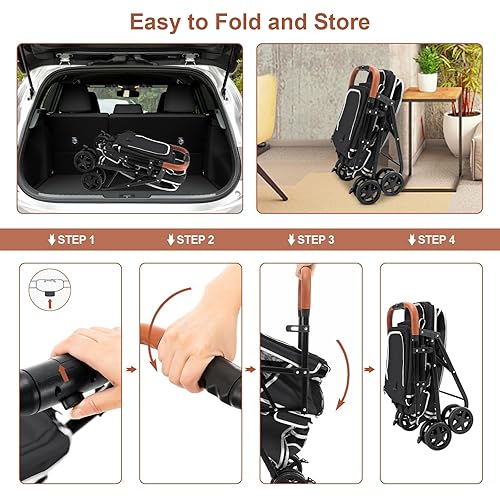 Miniatura 4 de Cochecito doble para mascotas para perros y gatos, cochecito plegable con una sola mano para perros pequeños y medianos, gatos, 4 ruedas, negro