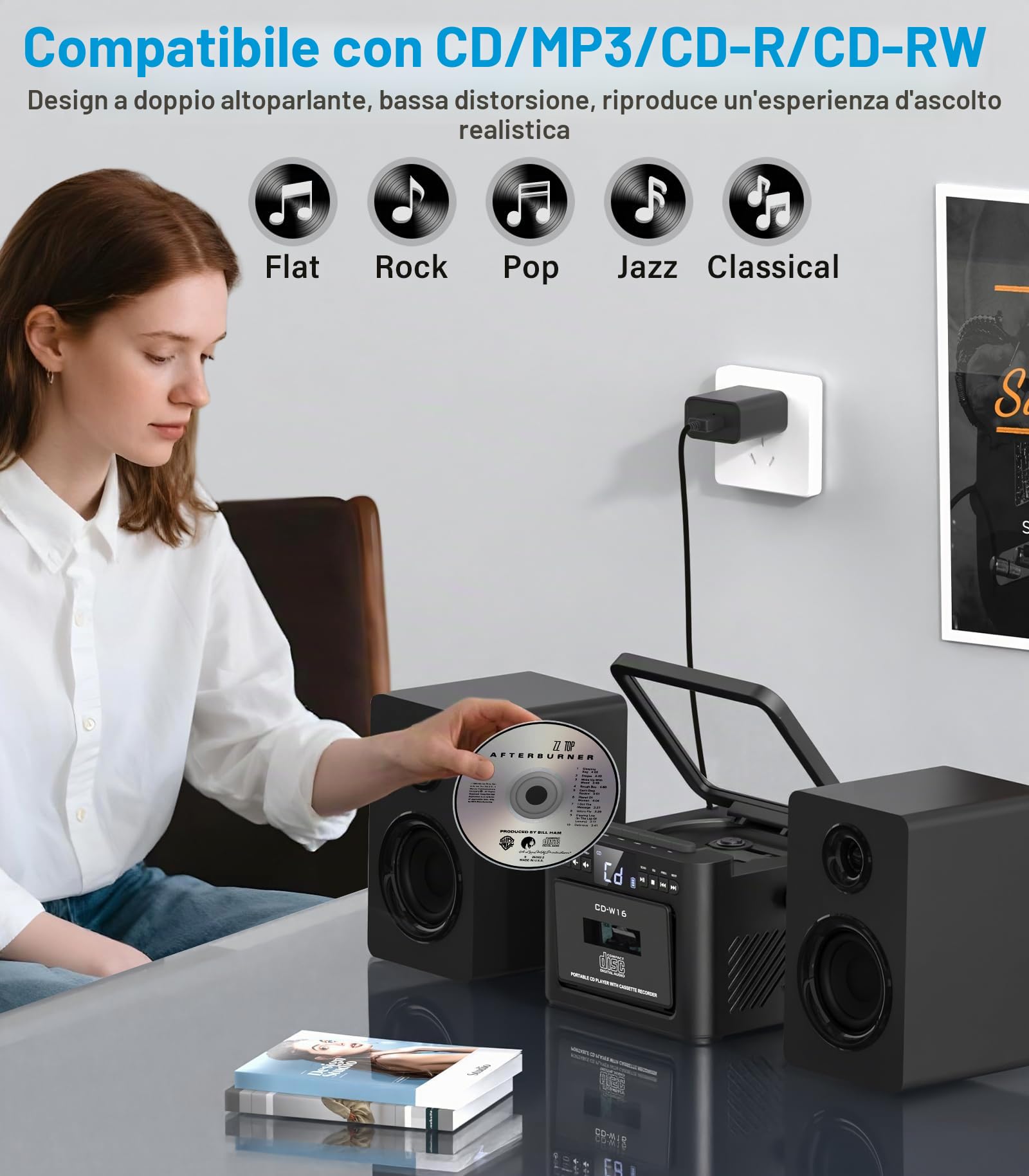 Greadio Impianto stereo per la casa con Boombox CD e lettore di cassette Combo, sistema stereo domestico da 40 W con Bluetooth, radio FM/USB/TF/AUX/telecomando, altoparlanti da scaffale in legno