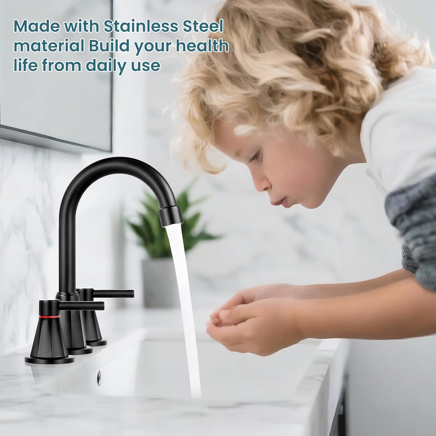 Bathroom Faucet 3 Hole,Mater Black Bathroom Sink Faucet with 360°Swivel Spout, 8 inch Widespread 2 Handle Faucet for Bathroom Sink Vanity RV with Pop-up Drain Supply Line Stainless Steel - Image 4