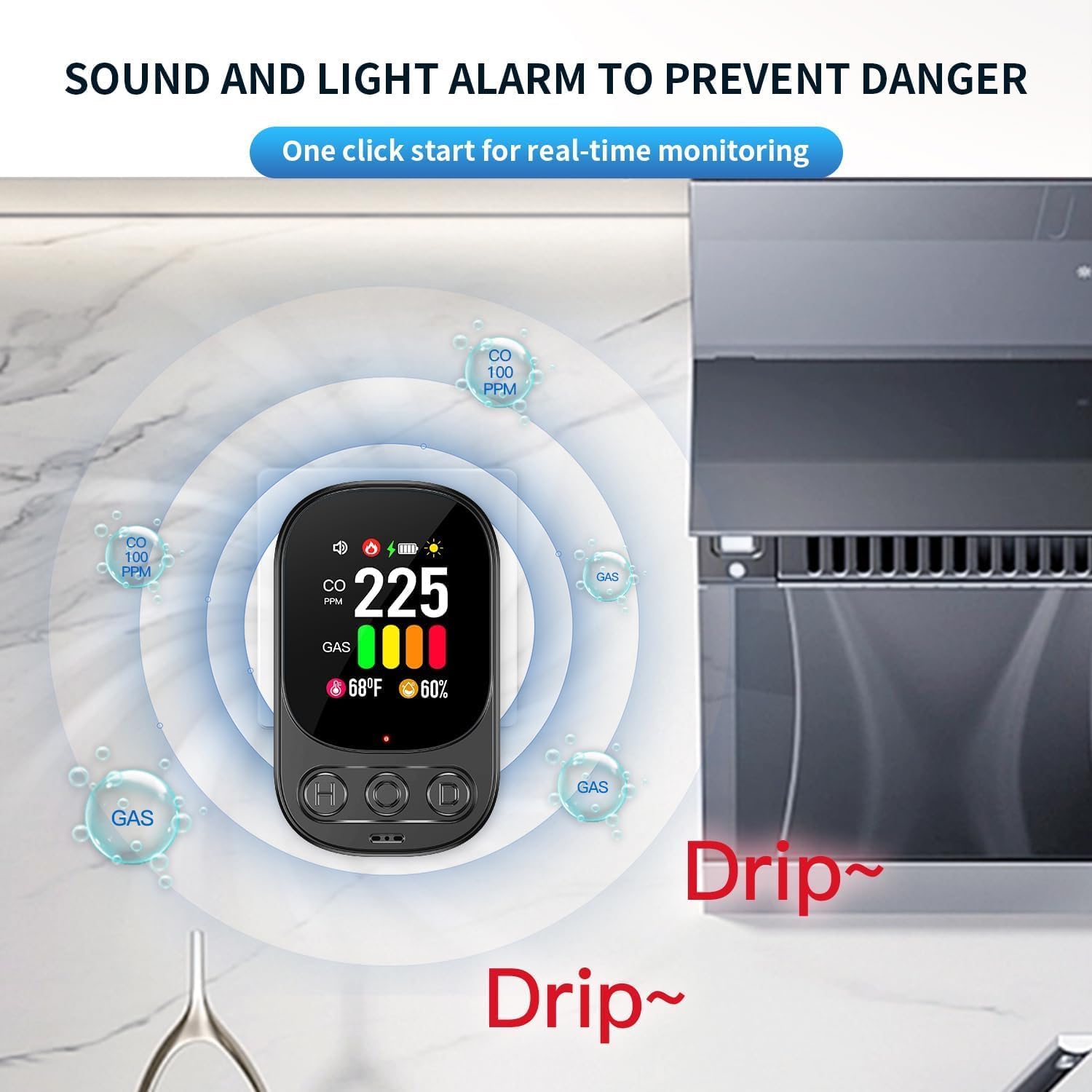 Gedsffati HD08-G detector alarming with sound waves and gas icons, indicating detection of CO and combustible gas near a kitchen stove.