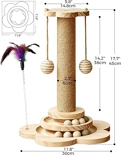 Miniatura 6 de Poste rascador para gatos, juguete rascador de madera 4 en 1, poste rascador de 17.7 pulgadas de alto con 2 bolas de pista para gatos, juguete