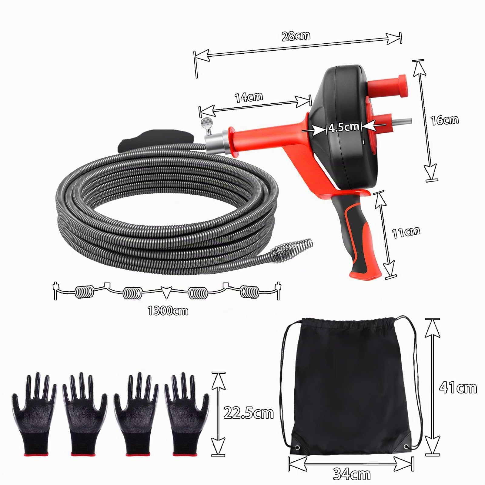 Desatascador Tuberias Profesional 13M Alambre Cable Desatascador Tuberias a Presion Desatascador Fregadero Limpia Maquina Desatascar Tuberias Desatascadores Destapa Cañerias con 2 pares de Guantes
