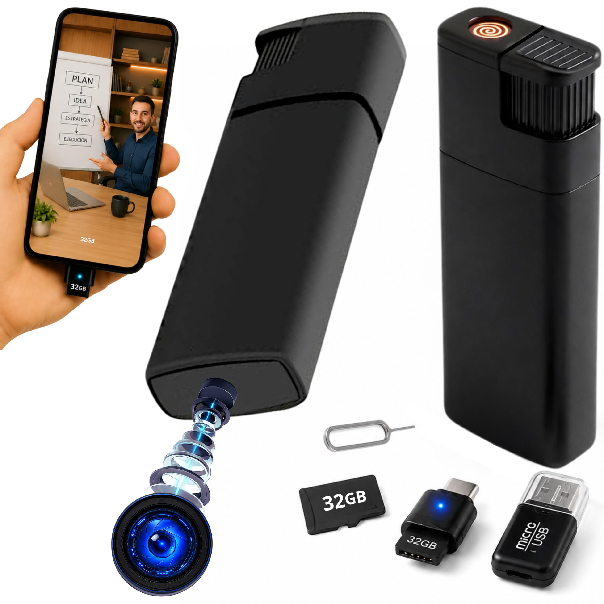 Mini Camara Espia Oculta Camuflada Mechero SIN AGUJERO DE LENTE (FULL PACK con Tarjeta 32GB Lector y OTG Para el Móvil), Sin Luz al Grabar, 2 MP SuperHD, Grabación en Bucle, Plug and Play sin Wifi