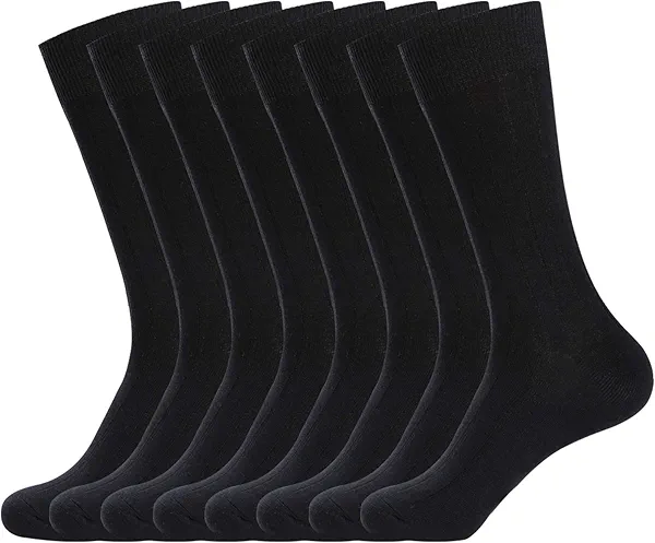 WANDER Classic Ribbed Dress Socks 8 pairs Men's Cotton Solid Premium Socks Seamless Soft (8black, Shoe Size:7-12)
