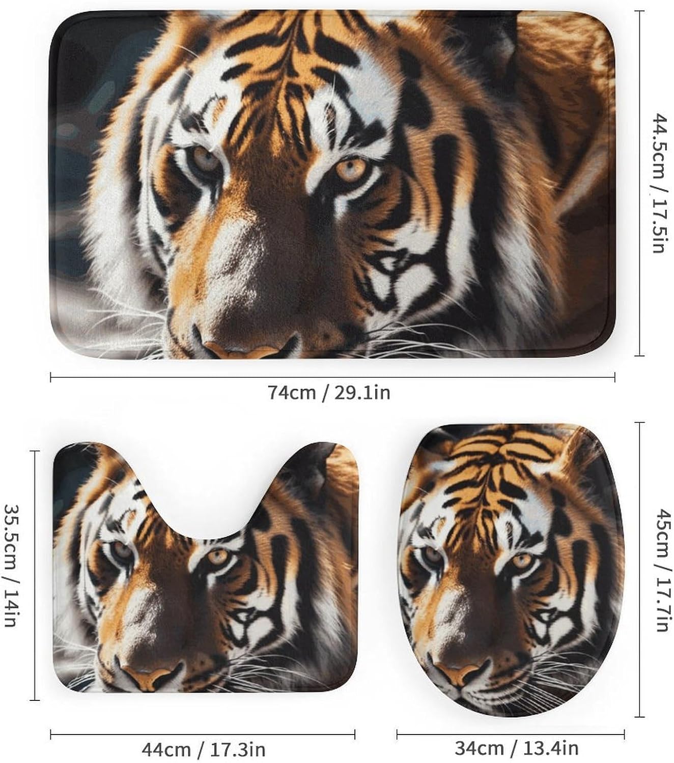 Wild Animal Tiger Shower Curtain Set 4 Piece, Non-Slip Bath Mat with Toilet Lid Cover and Waterproof Shower Curtain with 12 Hooks, Complete Bathroom Set for Home Decor
