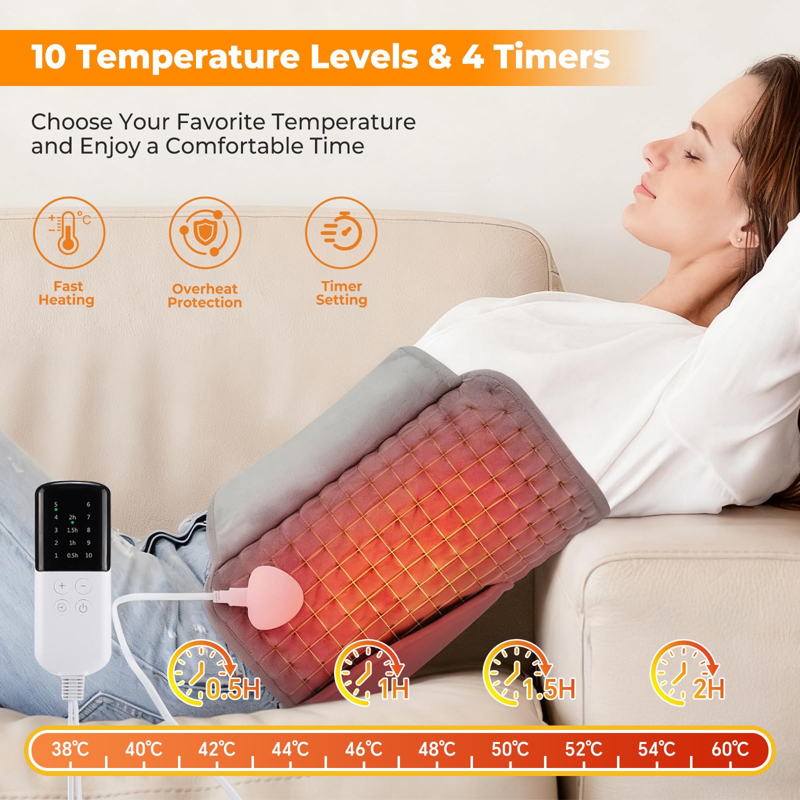 Souvik Coussin Chauffant Electrique avec Velcro, Ceinture Lombaire Chauffante Avec Poche, Pour Dos Cervicales Abdomen, Jambes, 10 température, 4 réglages de temporisation, Lavable en Machine, 125*30CM