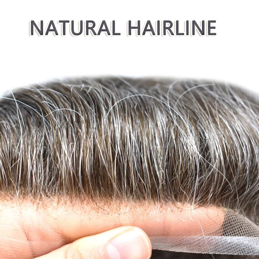 Mens Toupee Hair System Replacement for Men Hairpiece All French Lace Male Prosthesis Mens Wig Hair Piece Unit Toupee for Men (8"X10", #350 Dark Brown+50% Gray-100% Light to Med-light Density)