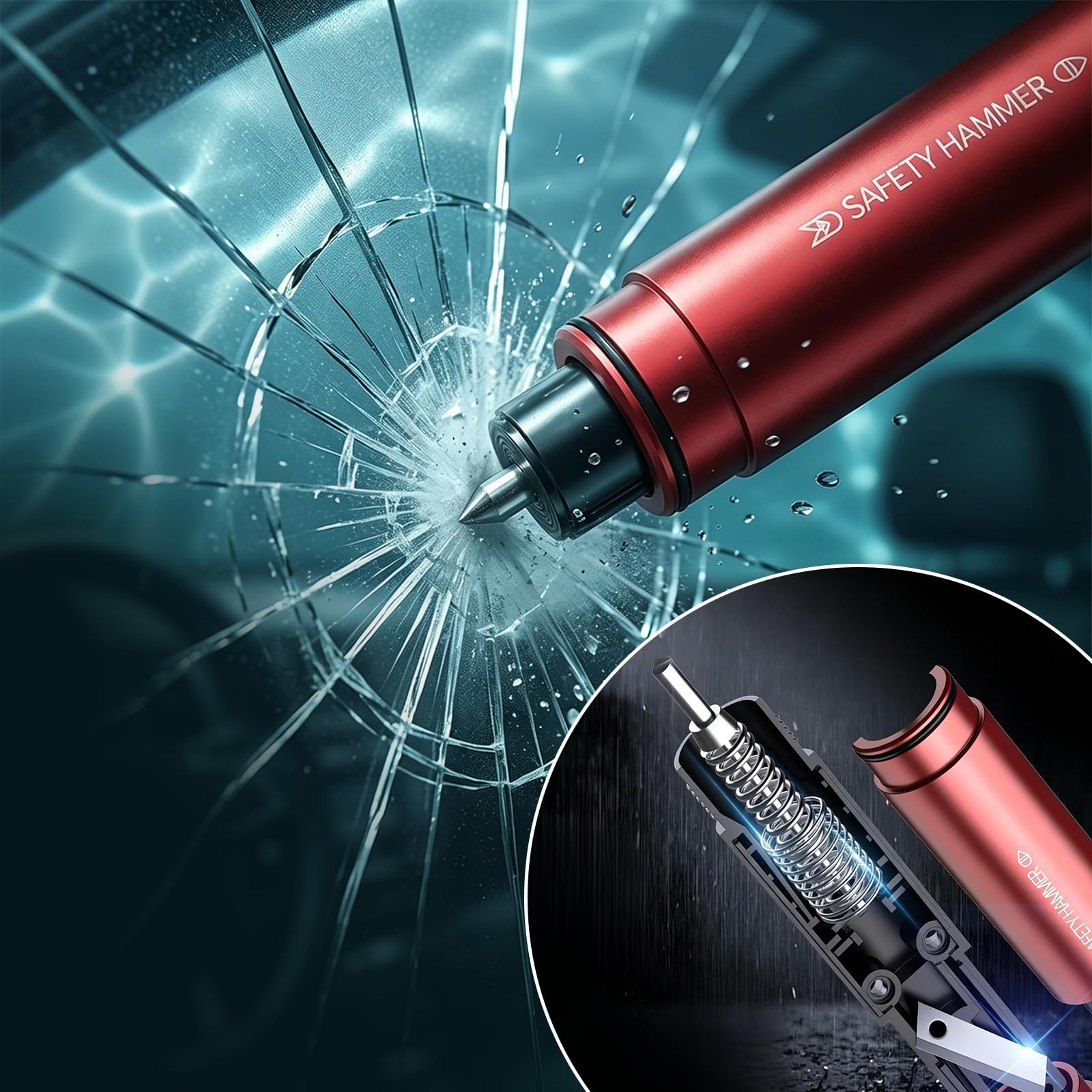 2 in 1 Gurtschneider Notfallhammer, 2 Stücke Sicherheitshammer mit Gurtschneider，Nothammer mit Testglas zum Üben, Notfallhammer Auto mit Gurt schneider für Auto und Busse, Emergency Cartool