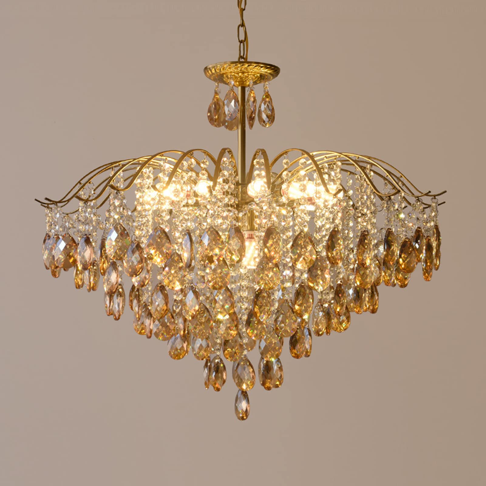 FZQSXAZU Vintage Crystal Raindrop Chandelier Pendant ht, LED Modern Luxury Ceiling ht E14 Fixture for Dining Room, Bathroom, Bedroom, Living Room amber-14