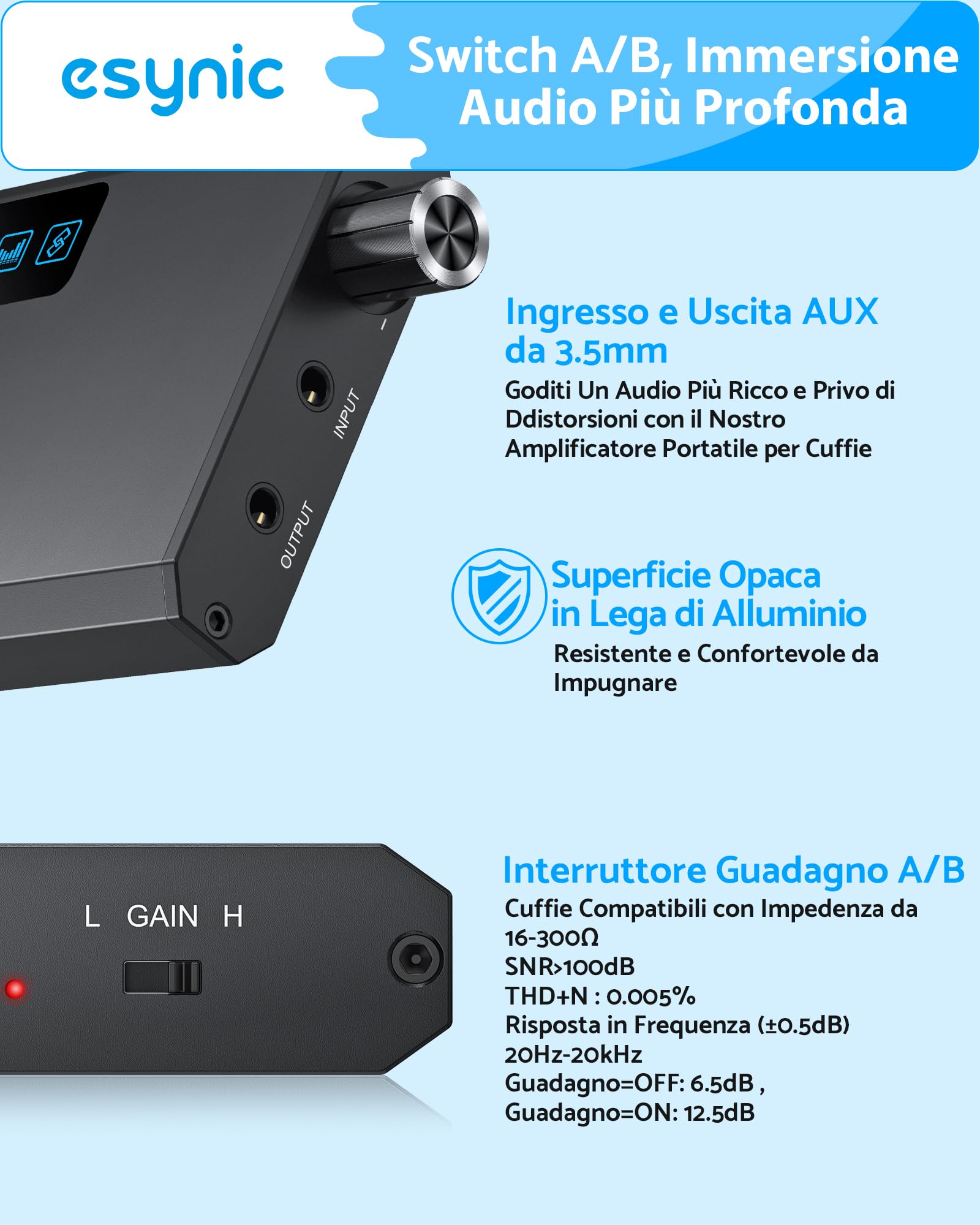 eSynic HiFi Amplificatore per Cuffie con Ricevitore Bluetooth 5.1, Impedenza 16-300Ω, 2 Livelli di Guadagno, Batteria Ricaricabile 1500mAh con Cavo USB-C e Cavo Audio, in Alluminio per MP3 Smartphone