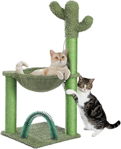 PAWZ Road Árbol de cactus para gatos, torre para gatos de 33 pulgadas con autocuidado para gatos, hamaca suave y poste rascador de sisal totalmente