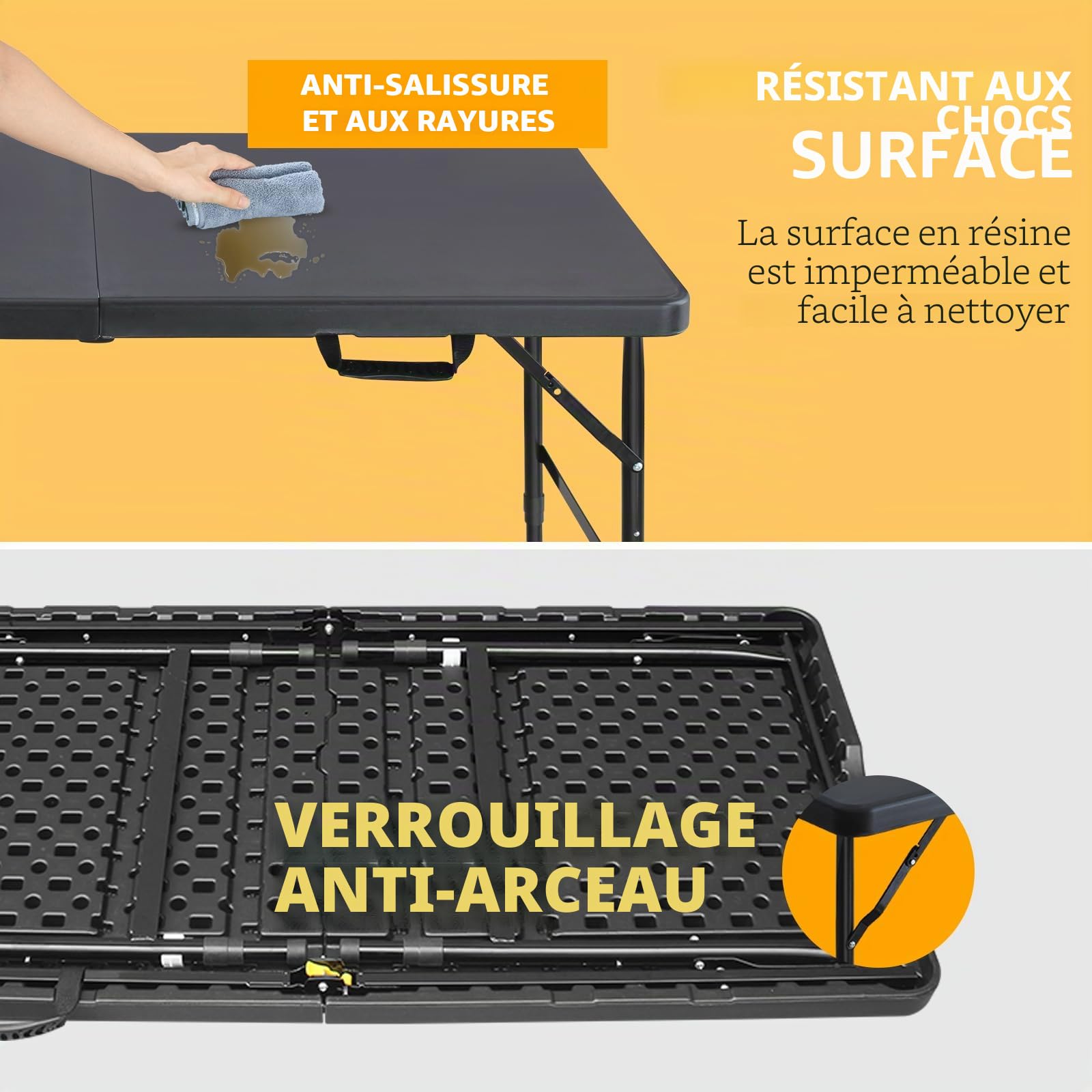 Table pliante 125 x 61 cm en plastique - Table de jardin pliante multifonction avec poignée pour barbecue, camping, fête - Noir