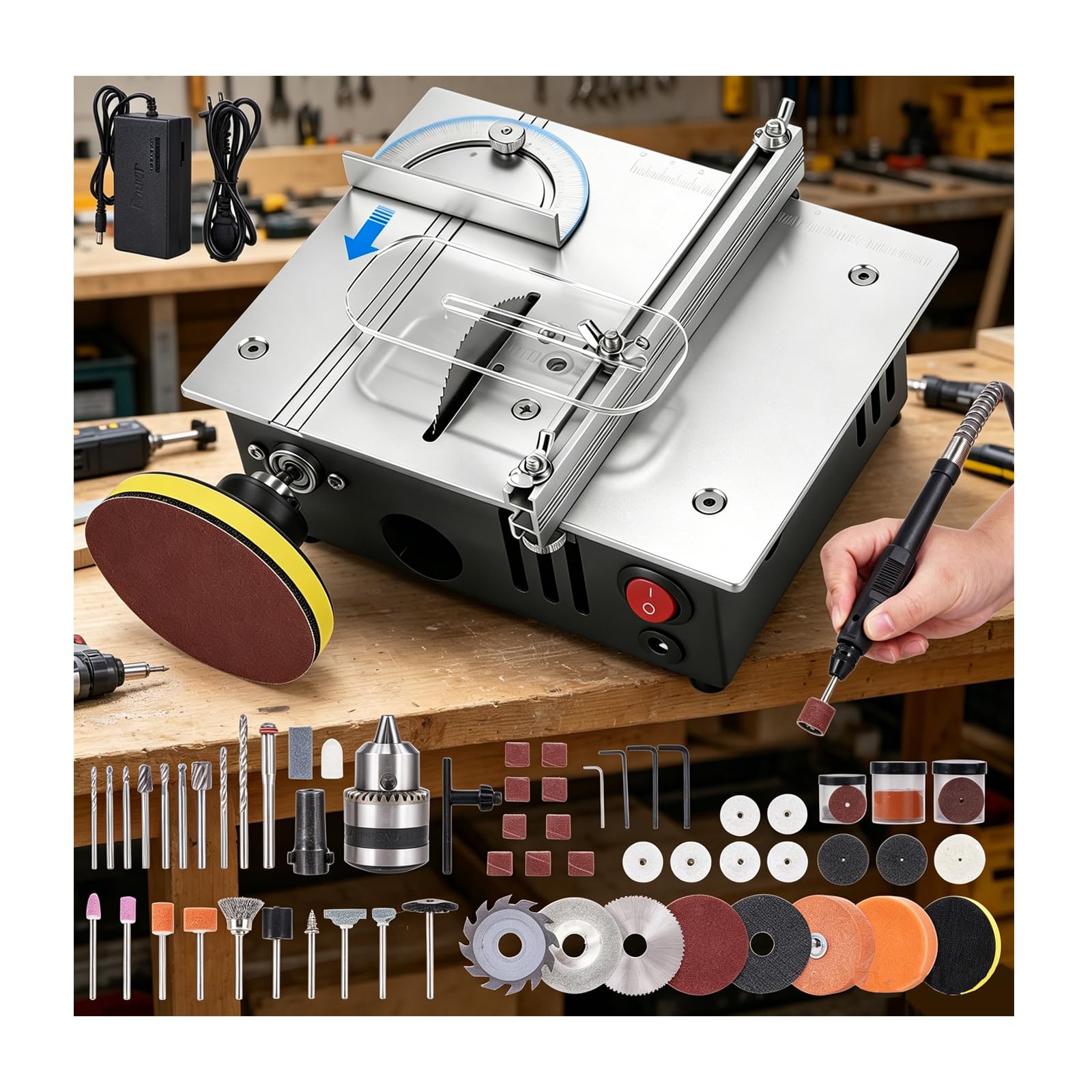 Blsojeet Black Mini Multi-Functional Table Saw,Desktop Electric Mini Saws,With Features Speed,Angle,And Depth Adjustment,Integrates Cutting,Grinding,And Engraving For Wood Acrylic Pcb Plastic
