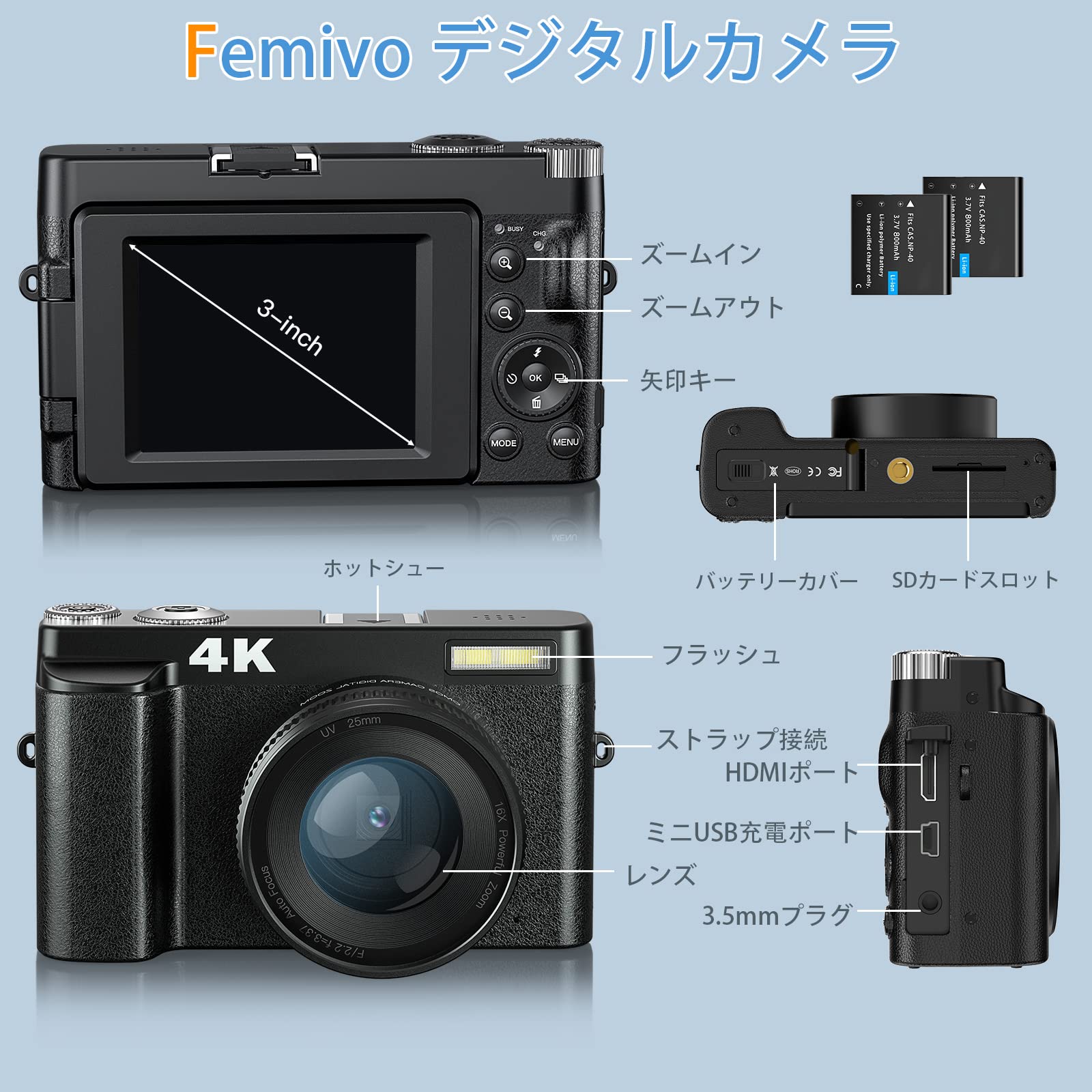 Amazon | Femivo 4K デジカメ デジタルカメラ オートフォーカス 4800万