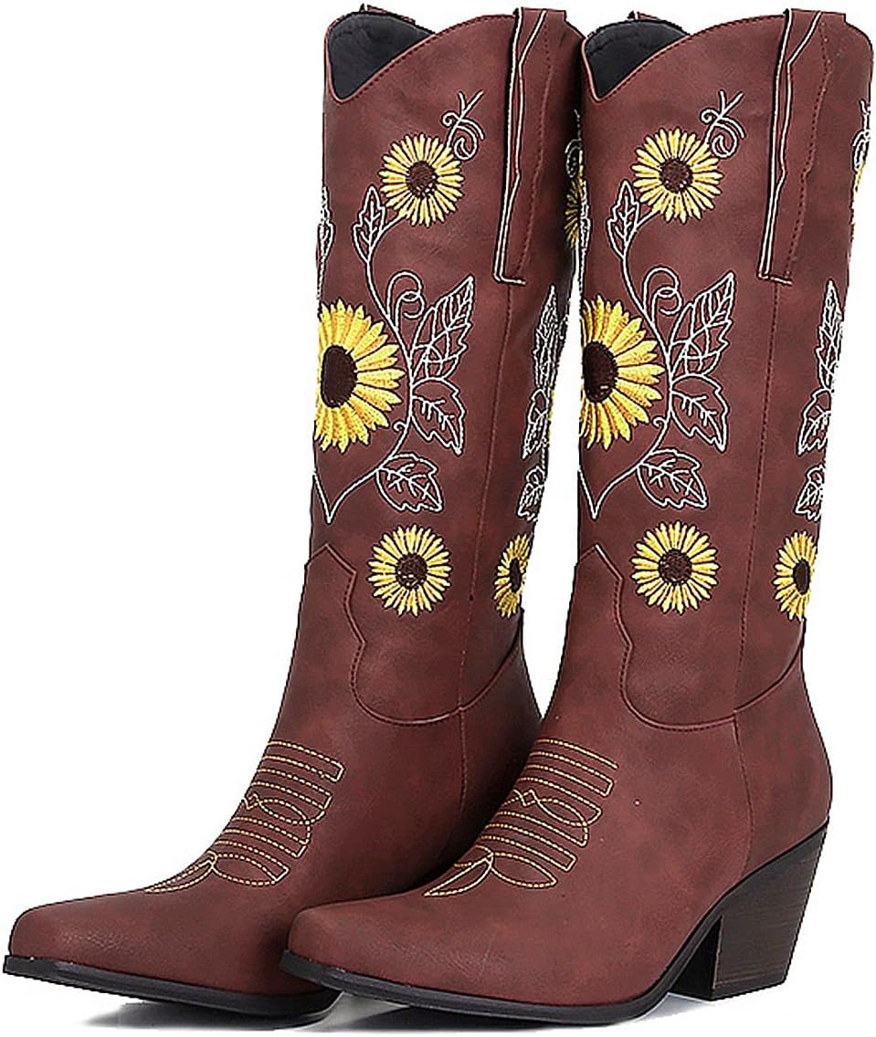 KiutSymo Cowboy Boots for Women Retro Sunflower Embroidered Mid Calf Cowgirl Boots Square Toe Chunky Heels Stitched Western Work Boots