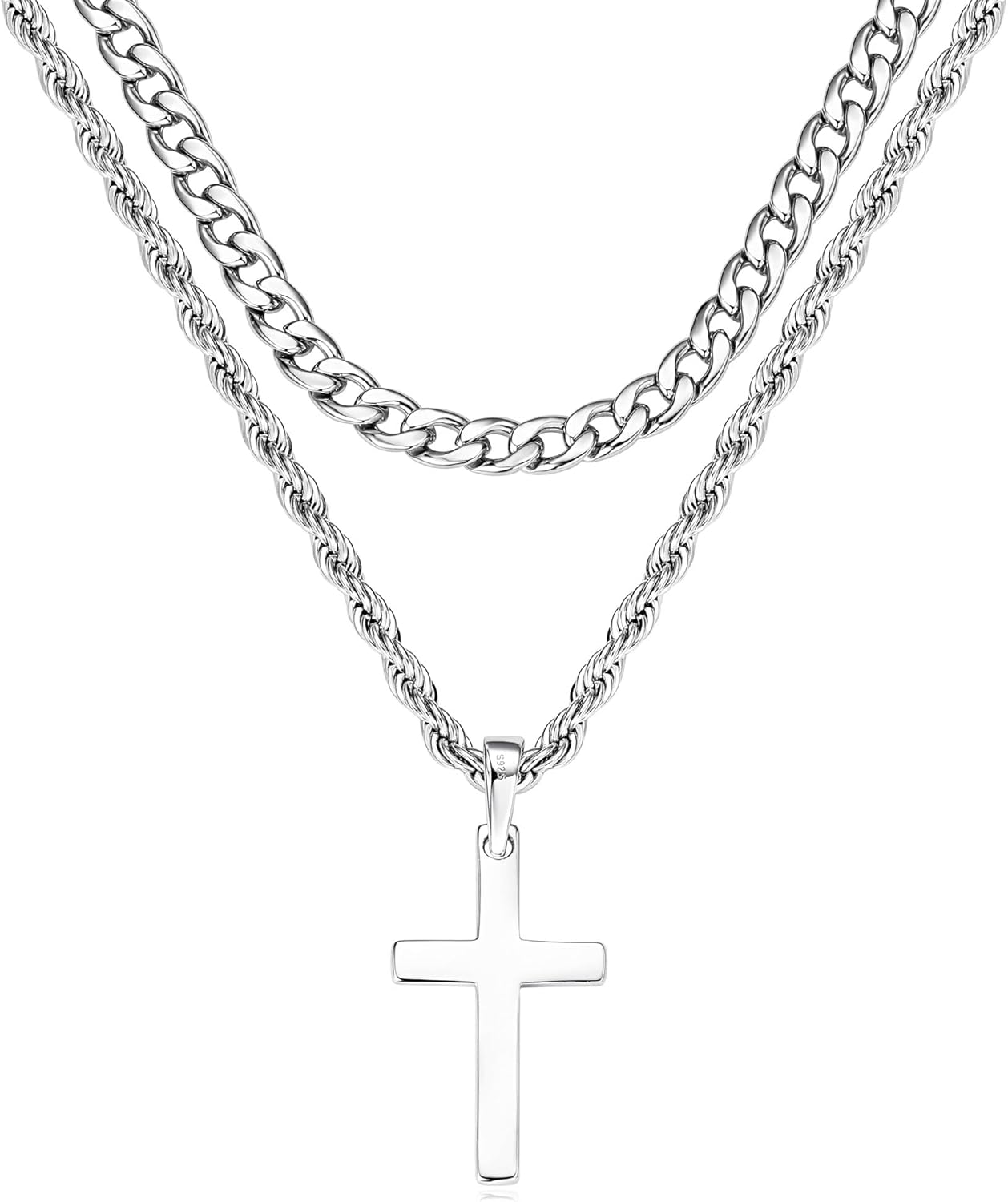 925 Sterling Silver Layered Cross Necklace for Men 18K White Gold Plated Pendant Necklace Stainless Steel Cuban Link Twist Chain Jewelry Gifts Cross Chain Necklace for Men 18-26 inches