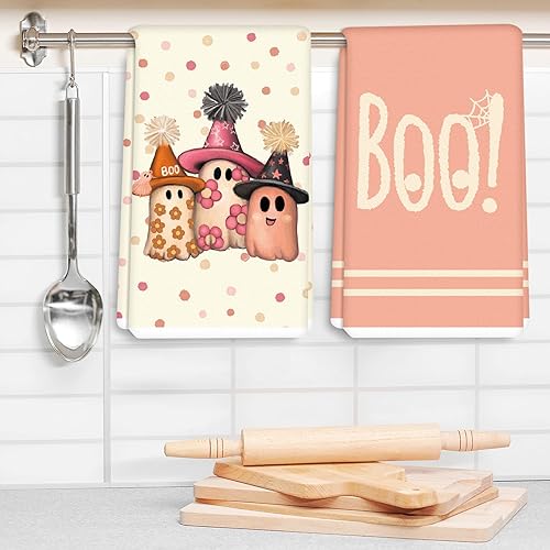 Miniatura 5 de AnyDesign Toalla de cocina de Halloween Boo, paño de cocina rosa, lindo fantasma, toalla de té decorativa de secado a mano para Halloween,