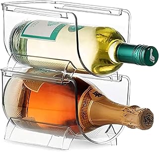 MSYU Plastic Free-Standing Water Bottle and Wine Rack Storage Organizer for Kitchen Countertops, Table Top, Pantry, Fridge - Stackable, Each Rack Holds 1 Bottle, 2 Pack - Clear
