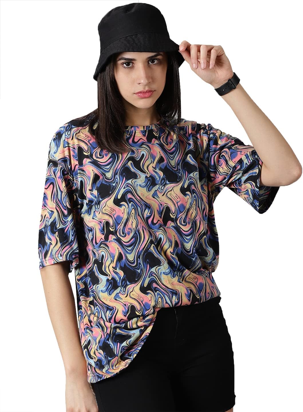 RodZen Oversized 100% Pure Cotton Round Neck Abstract Printed T-Shirt for Womens/Girls