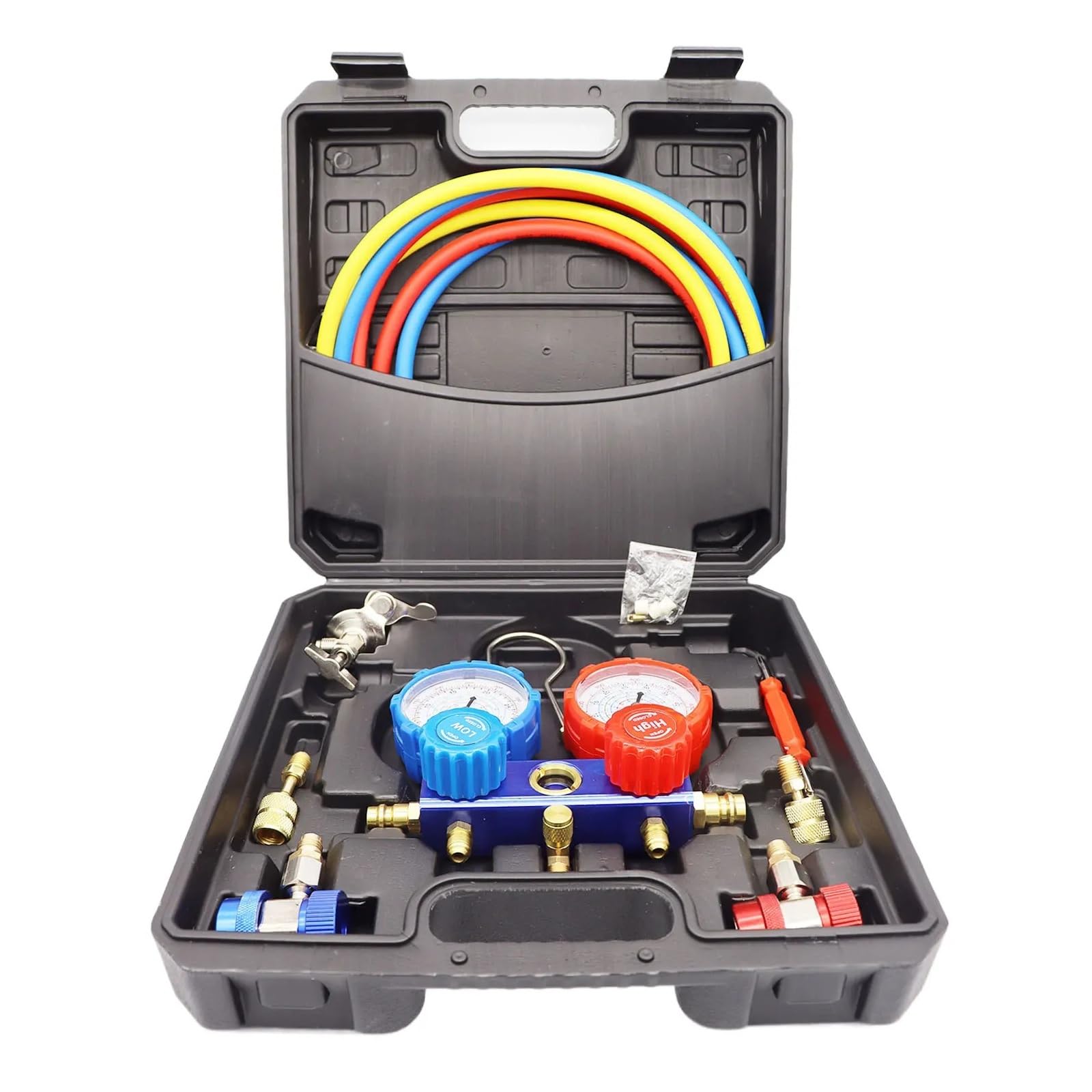 Juego de manómetro de diagnóstico de CA for refrigerante R22 R134A R404A R410A con Manguera de 5 pies acoplador rápido Ajustable Detección en Tiempo Real