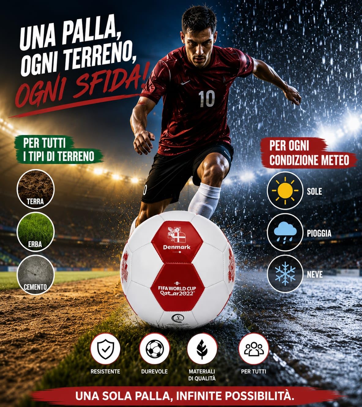 FIFA world cup Qatar 2022 Oficjalna piłka nożna, Denmark, biało-czerwony, rozmiar 5, uniseks, zalecany do wszystkich warunków: ziemia lub trawa, słońce, deszcz, śnieg