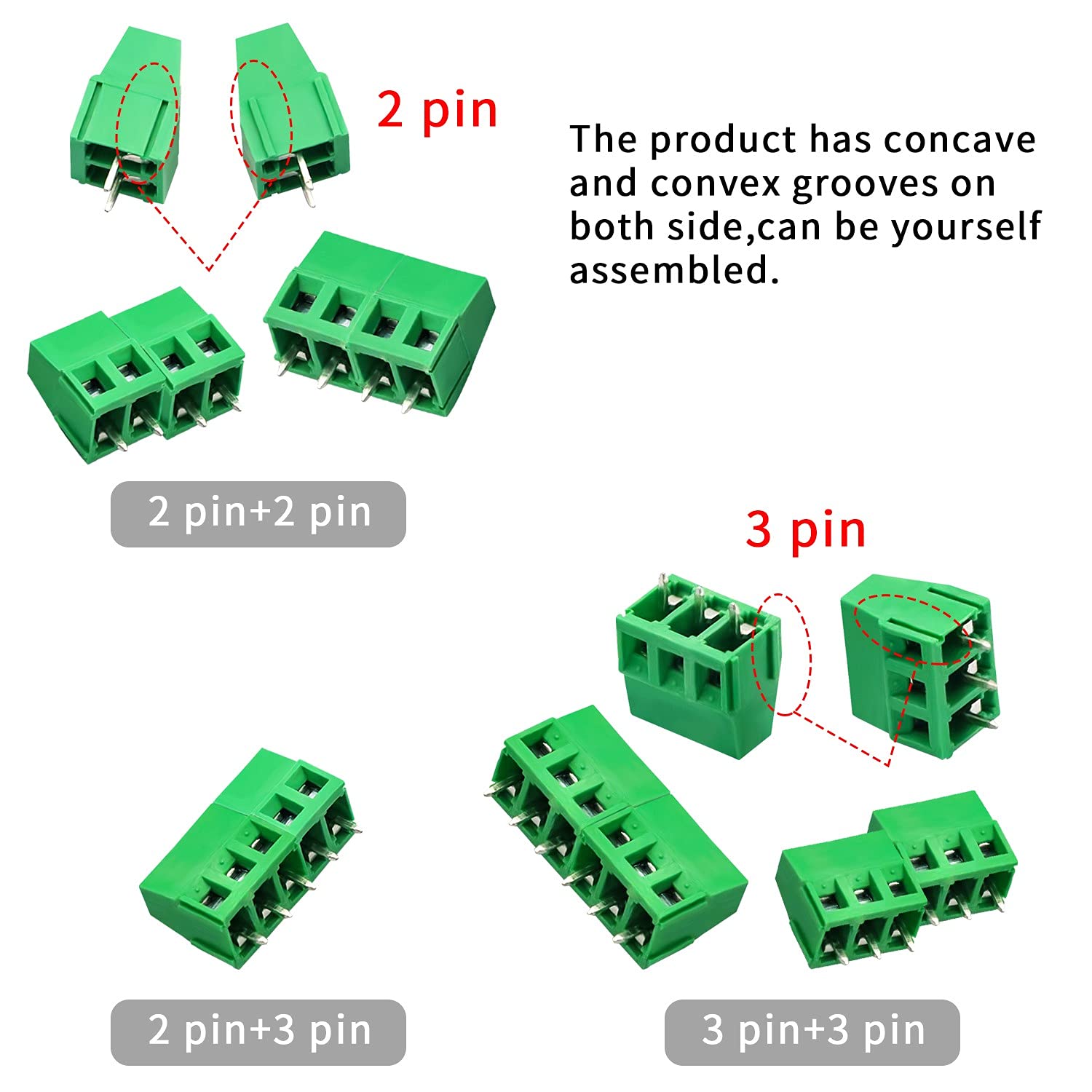 60PCS 5.08mm Pitch 2Pin & 3Pin PCB Mount Screw Terminal Block Kit | 60PCS 5.08mm pitch PCB screw terminal blocks (30x2Pin+30x3Pin), firm connection, easy wiring for electronic DIY projects.