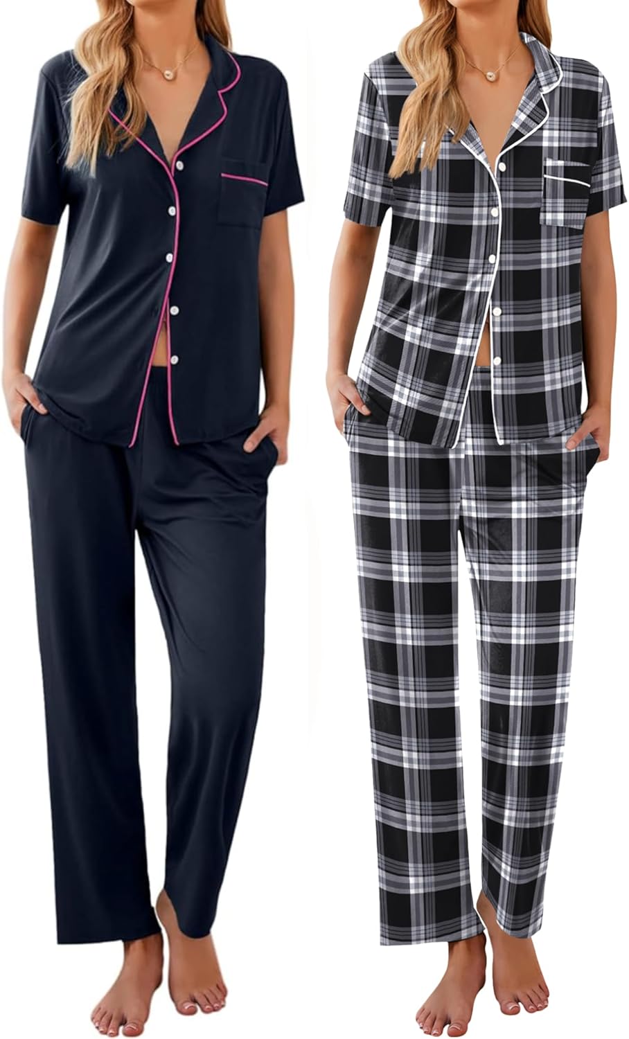 Ekouaer 2 Pack:Womens Pajamas Short Sleeve Pjs Notch Collar Button Up Loungewear Cozy Sleepwear Sets