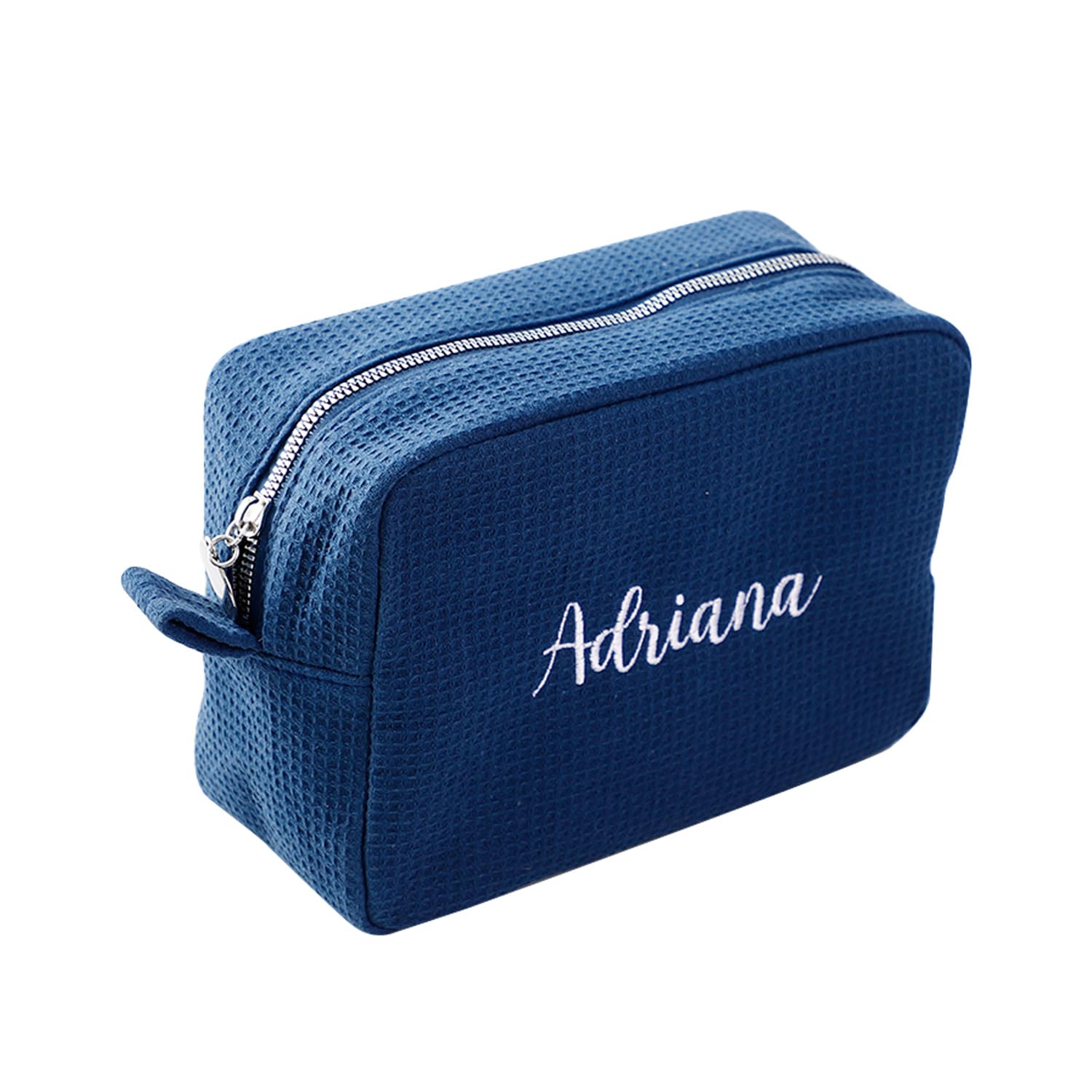 GOPHIE Personalized Embroidered Makeup Bag,Custom Waffle Fabric Cosmetic Pouch for Women, Travel Makeup Pouch (1, Navy Blue)