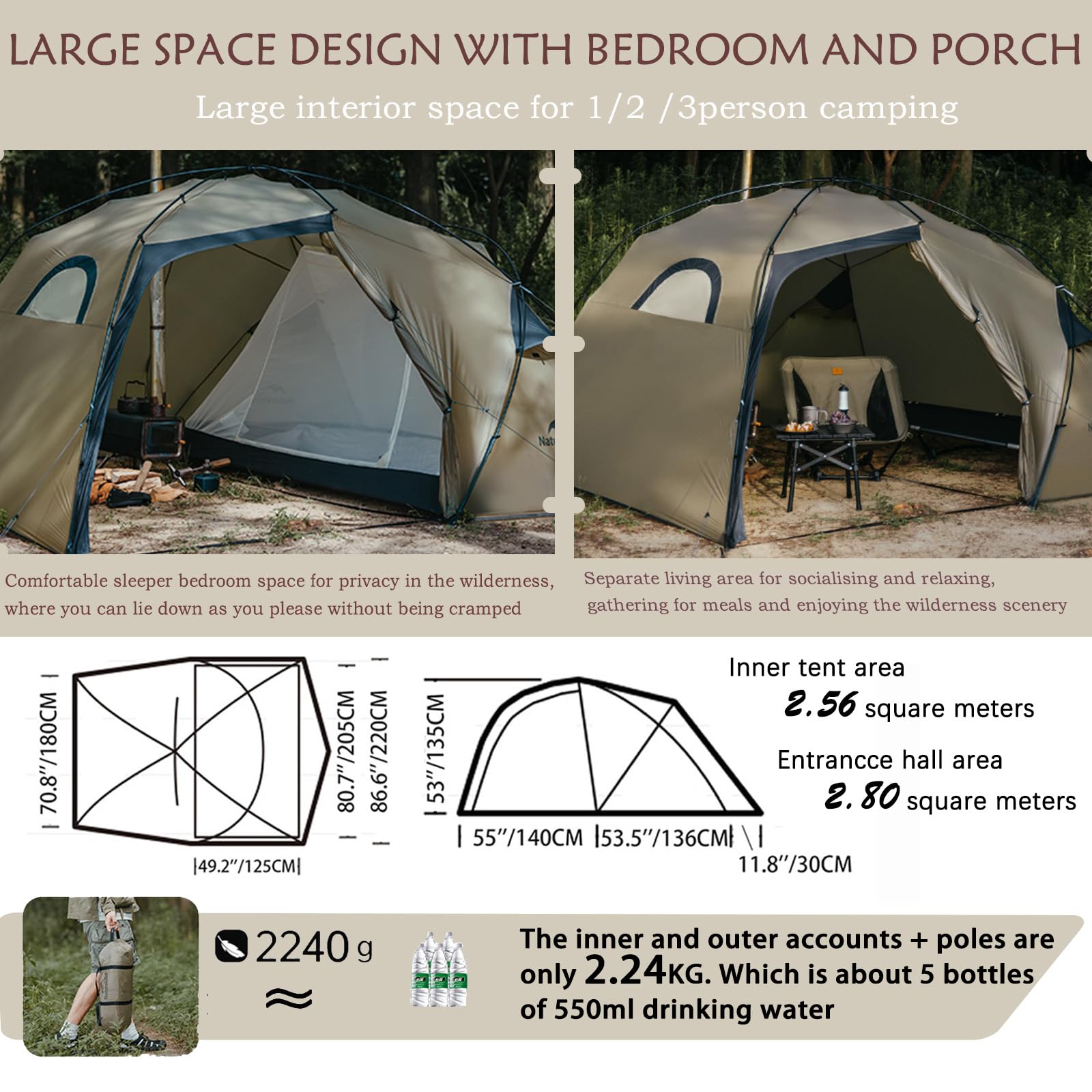Naturehike 2025 Campingzelt 4 Jahreszeiten mit Vorzelt, Schlafzimmer und feuerfestem Kamin, wasserdicht und winddicht, Familienzelt für 2 Personen, für Außenbereich, Wanderungen und Reisen