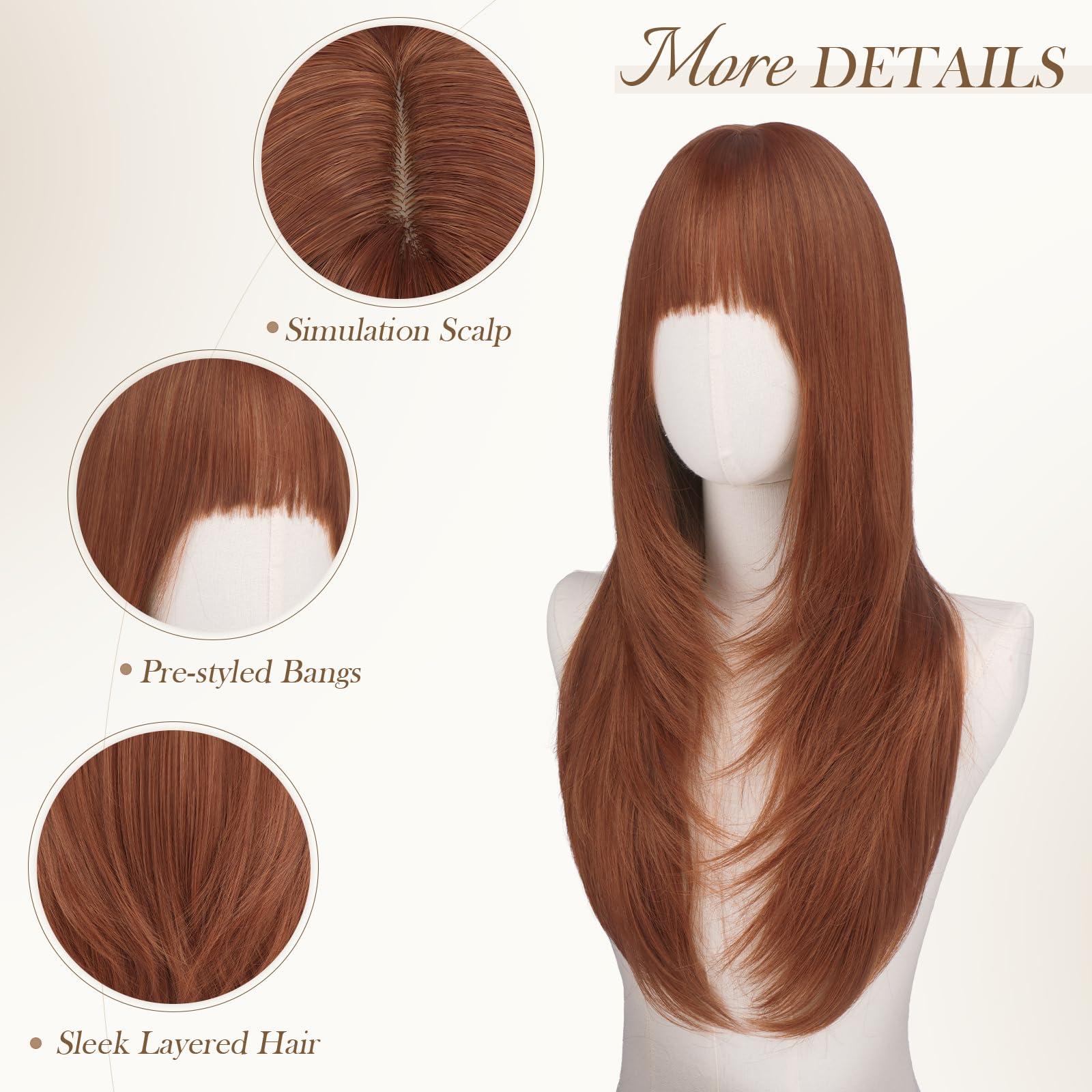 FESHFEN Lisci Parrucca con Frangia - Lunghe a Strati Rame Rosso Parrucche per Donna Naturali Sintetico Parrucca Capelli Lunghi Dritto Layered per Festa Quotidiano, 60 cm