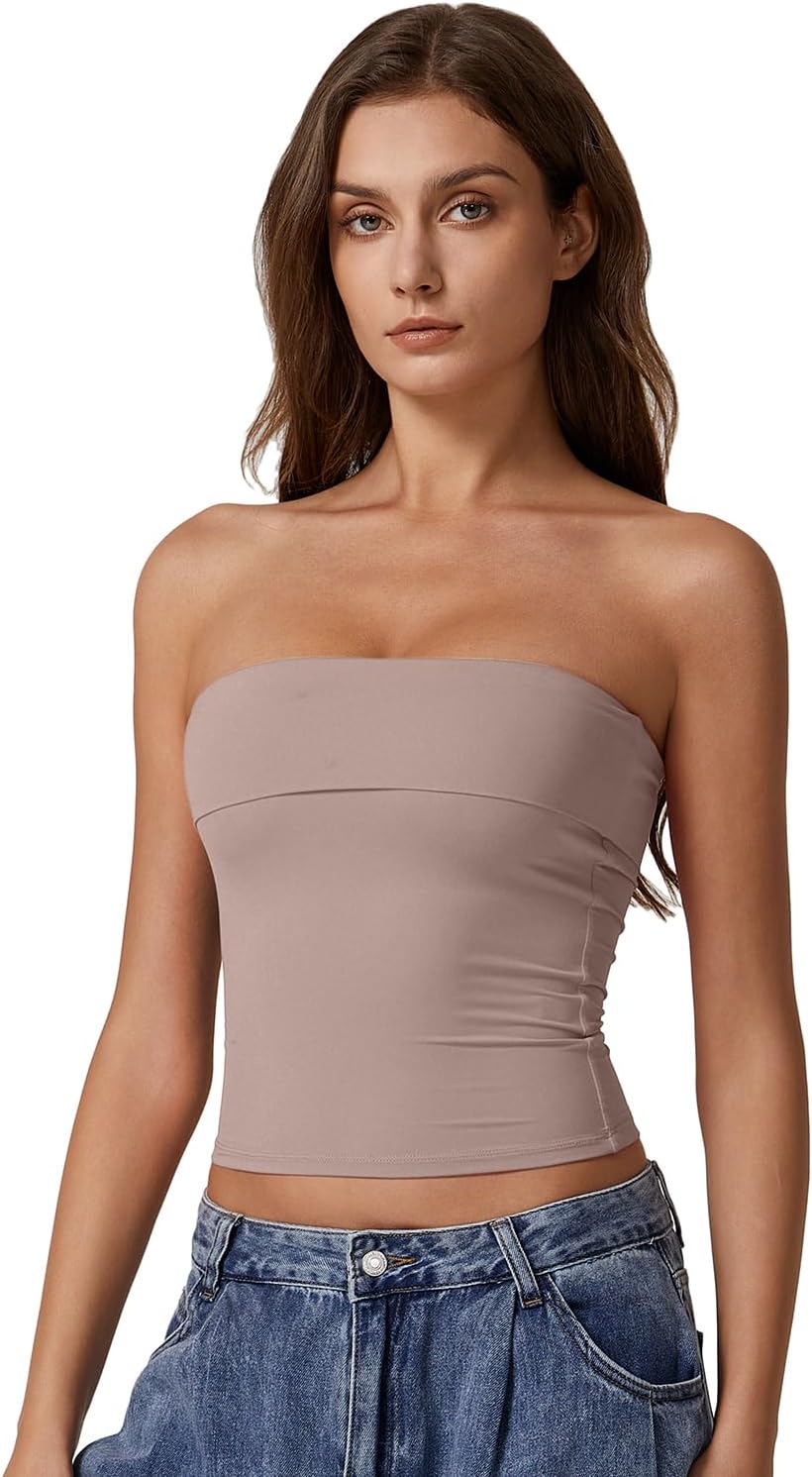 QINSEN Women's Tube Tops Strapless Bandeau Tops Double Lined Slim Fit Summer Going Out Tank Tops - Image 3