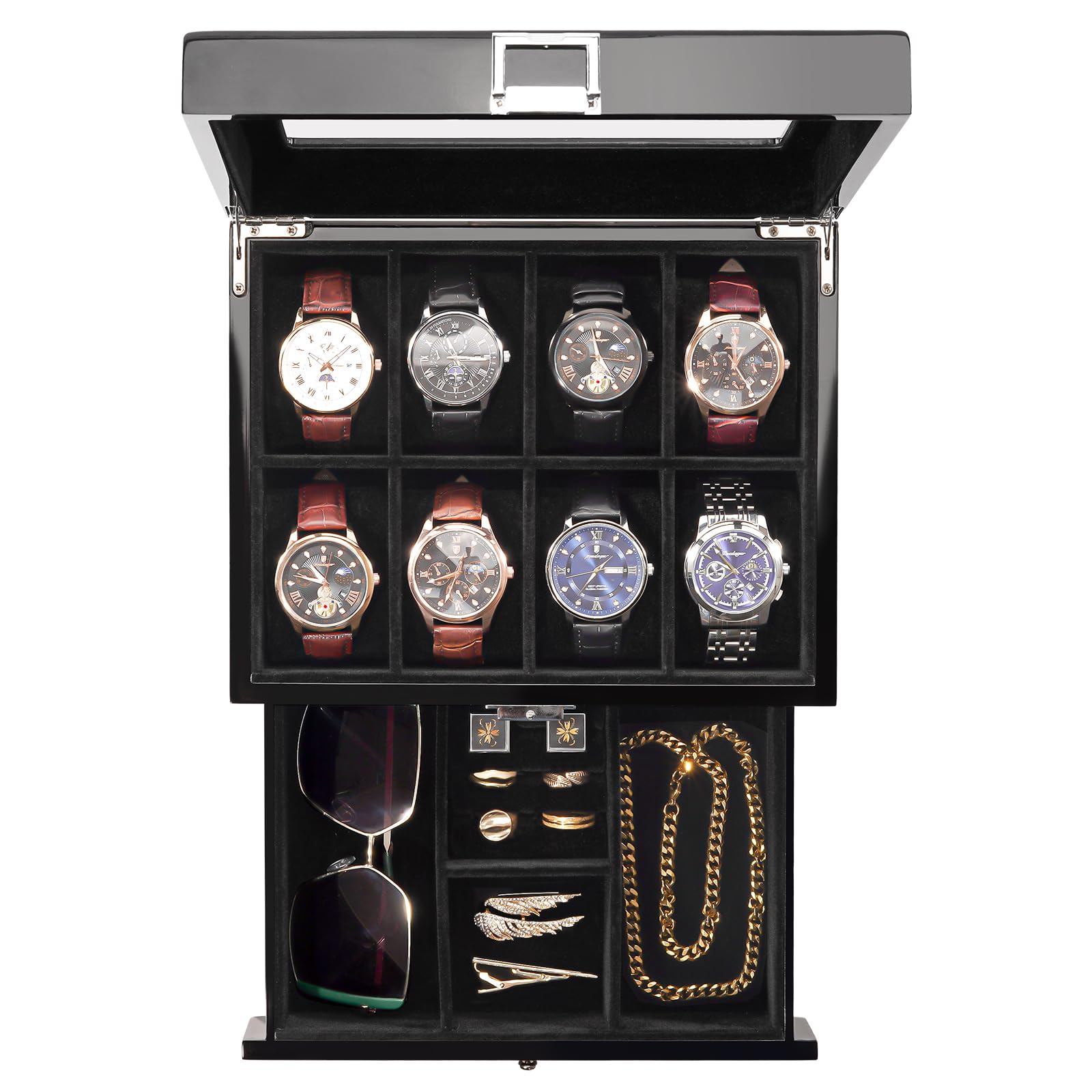 ProCase Wooden Watch Case for Men, 8 Slot Mens Watch Box With Drawer, 2-Layer Watch Display Case, 8 Watch Holder Organizer, Jewelry and Watch Storage Organizer for Men Women -8 Slot, Black